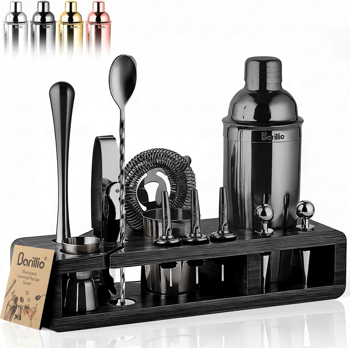 Barillio Bartender Kit - Stainless-Steel Cocktail Shaker Set w/Bamboo Stand - Mixology Bar Tools w/Drink Shaker, Mixer Spoon & Muddler for Cocktails - Home Bar Accessories - 23-Pc Bar Set - Silver - Black - Black Bamboo