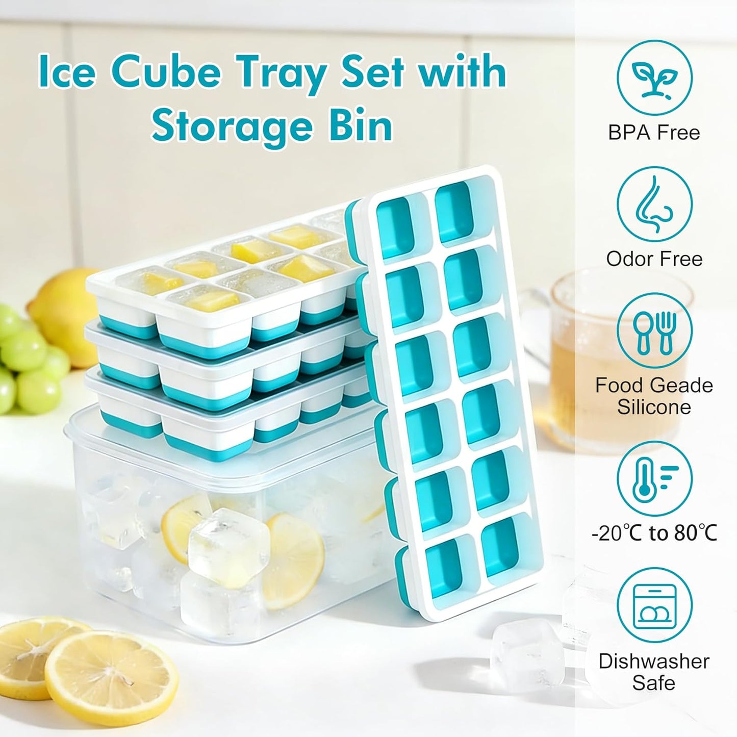 NFK Ice Cube Tray with Lid & Bin - 4 Pack 48 Cubes Stackable Silicone Trays for Freezer with Storage Container, Leak-Proof Lids, BPA-Free, Easy Release for Kitchen, RV, Party, Cocktail & Coffee