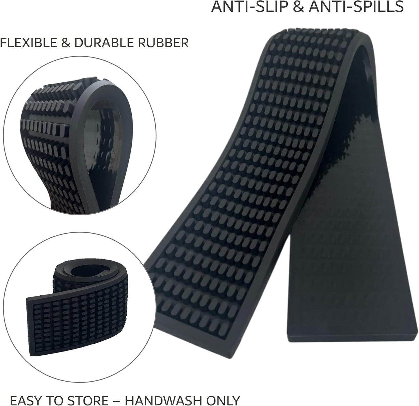 Rubber Bar Mat – Non-Slip Spill & Drip Mat for Bartending, Coffee Bar & Kitchen Countertop, Thick Durable Counter Protector & Stylish Drying Mat (Total Black, Runner 23.6" x 3.1")