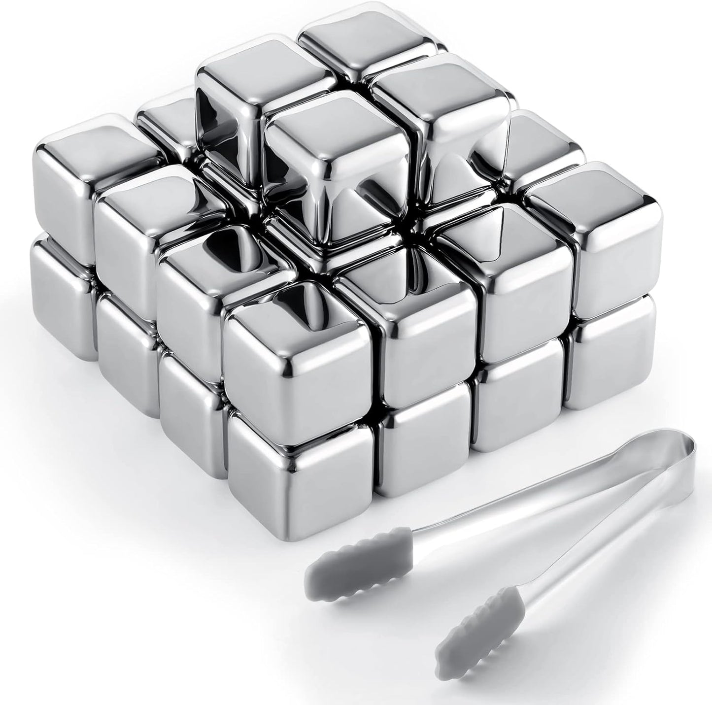 Yexiya 60 Pcs Reusable Stainless Steel Ice Cubes with Tongs Whiskey Cubes Vodka Metal Rocks Tool Ice Stones Rocks for Summer Drinks Chilling Whiskey Iced Coffee Vodka Liqueurs Wine Not Solid