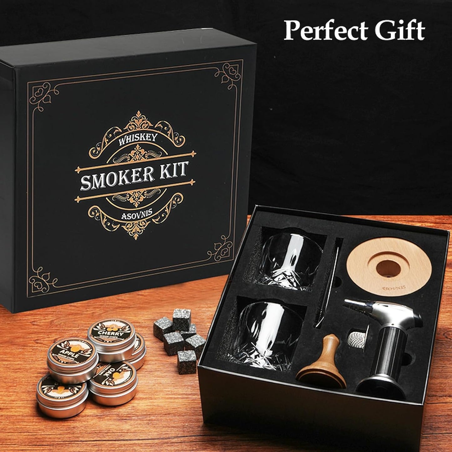 Whiskey Smoker Kit with Torch - 6 Flavors Wood Chips, 2 Glasses, Cocktail Smoker Infuser Kit, Old Fashioned Drink Smoker Kit, Birthday Valentine's Day Bourbon Whiskey Gifts for Men, Dad(No Butane)