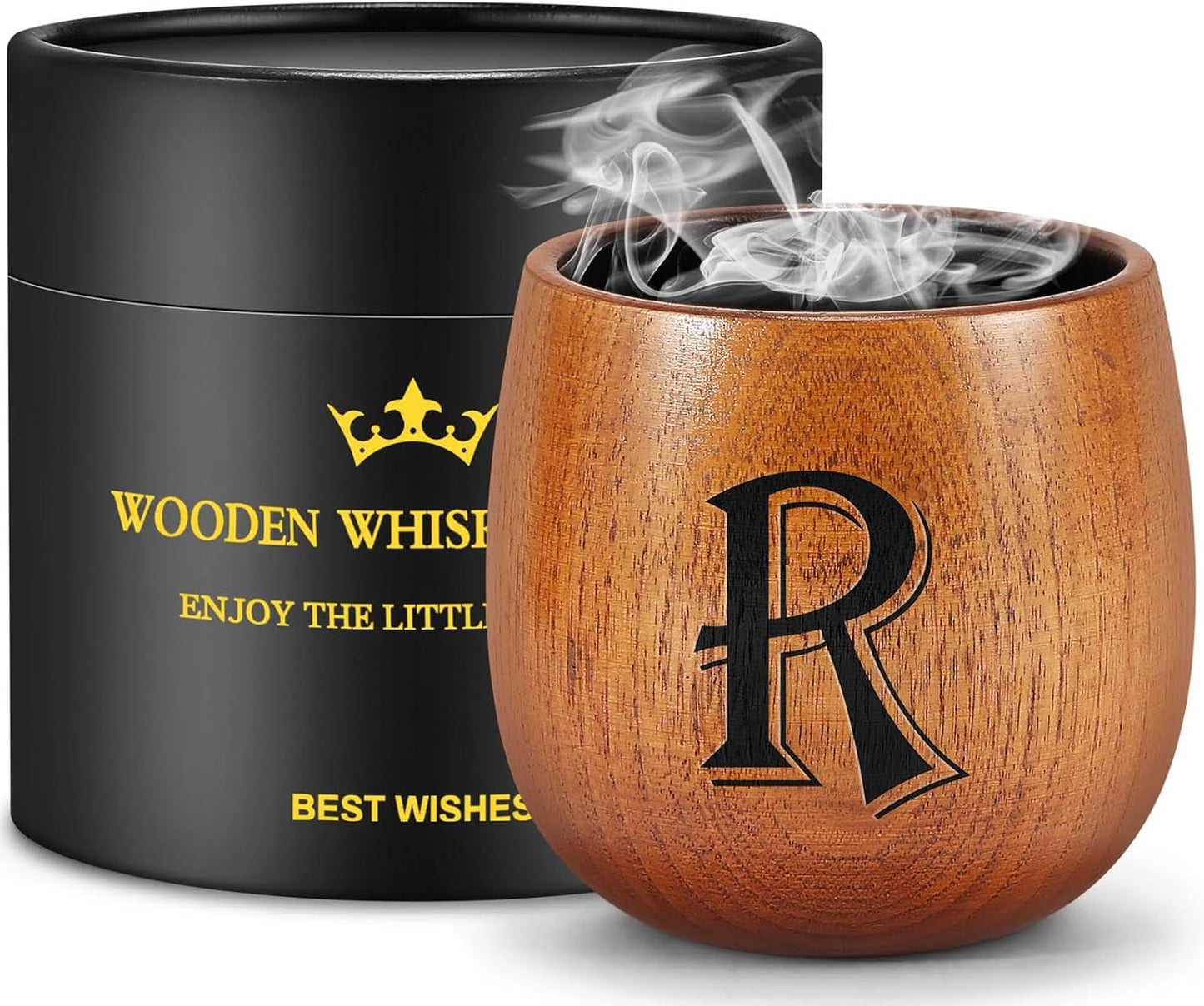 Astonlink Personalized Gifts for Men Husband Dad Boyfriend, Initial Charred Wooden Bourbon Drinking Glass & Whiskey Glasses Gift, Fathers Day Birthday Gifts for Men Dad Husband Brother Him (R)