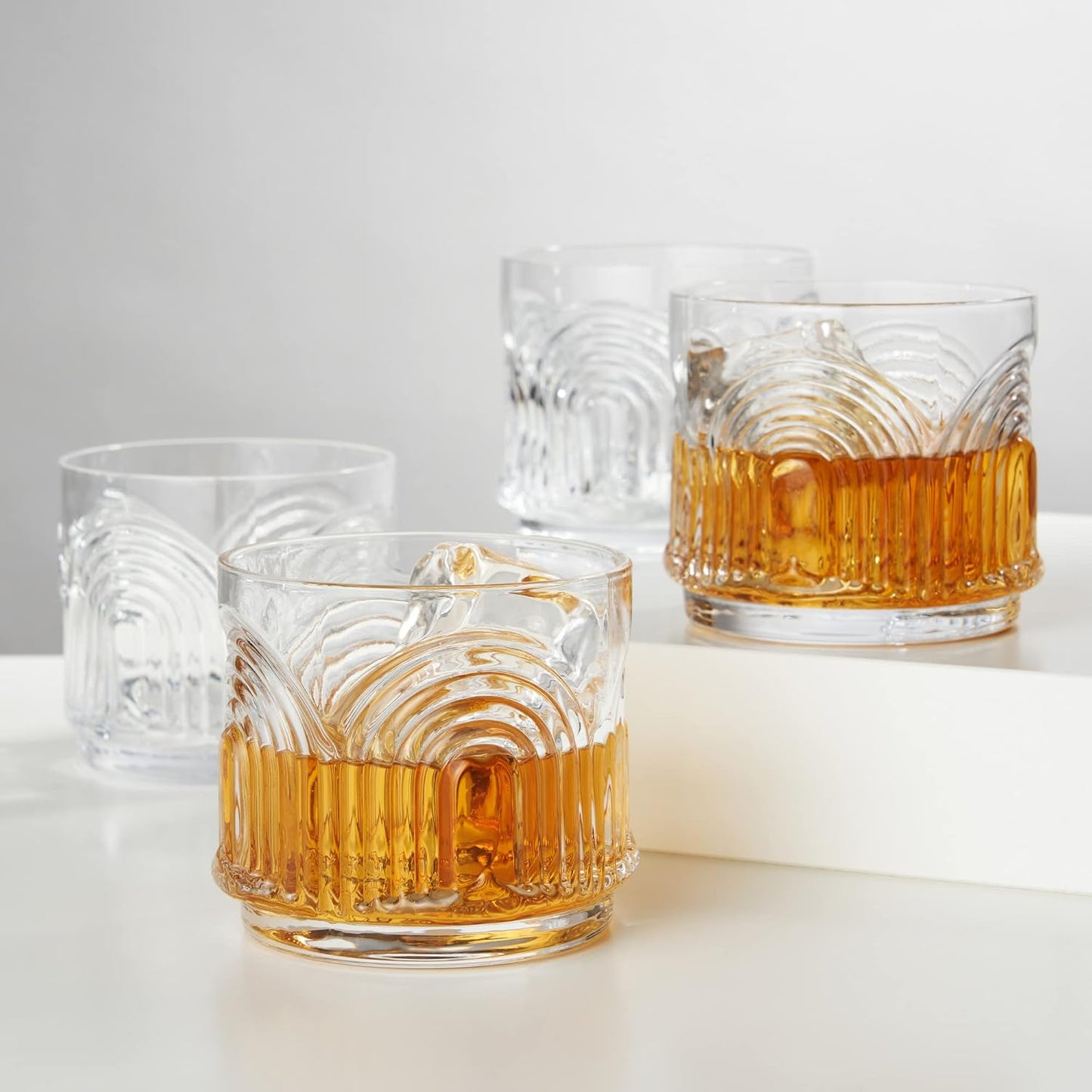 Viski Beau Lowball Tumblers Set of 4, Vintage Crystal Whiskey Glasses for Old Fashioneds, Scotch & Bourbon, Art Deco Cocktail Glasses with Arch Design for Home Bar, Birthday Gifts for Men, 11 oz