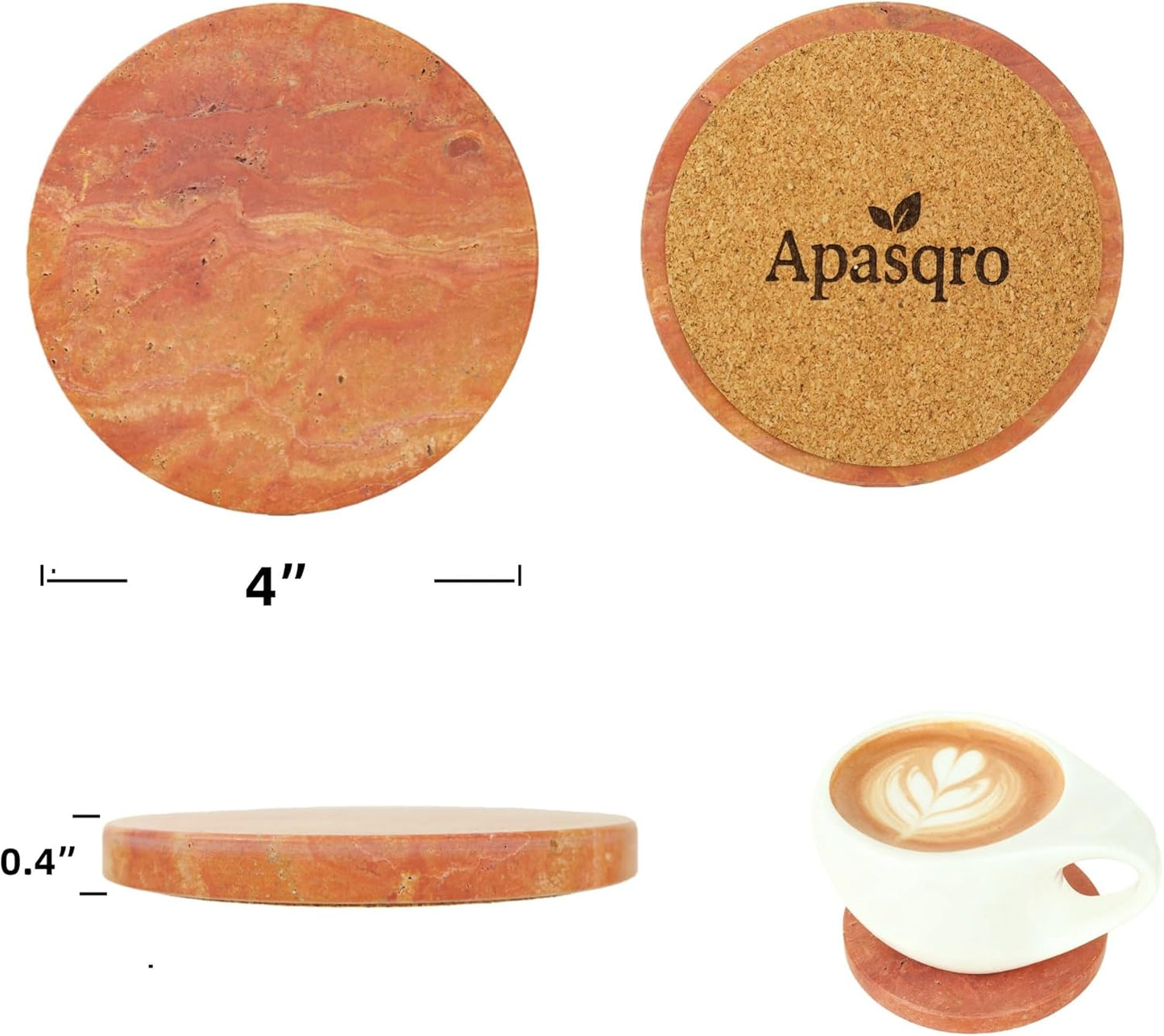 Natural Travertine Stone Coasters Set of 4 with Cork Backing – 4” (10cm) Round Absorbent Drink Coasters, Non-Slip Coffee Table Protectors, Rustic Farmhouse & Modern Décor, Gift-Ready