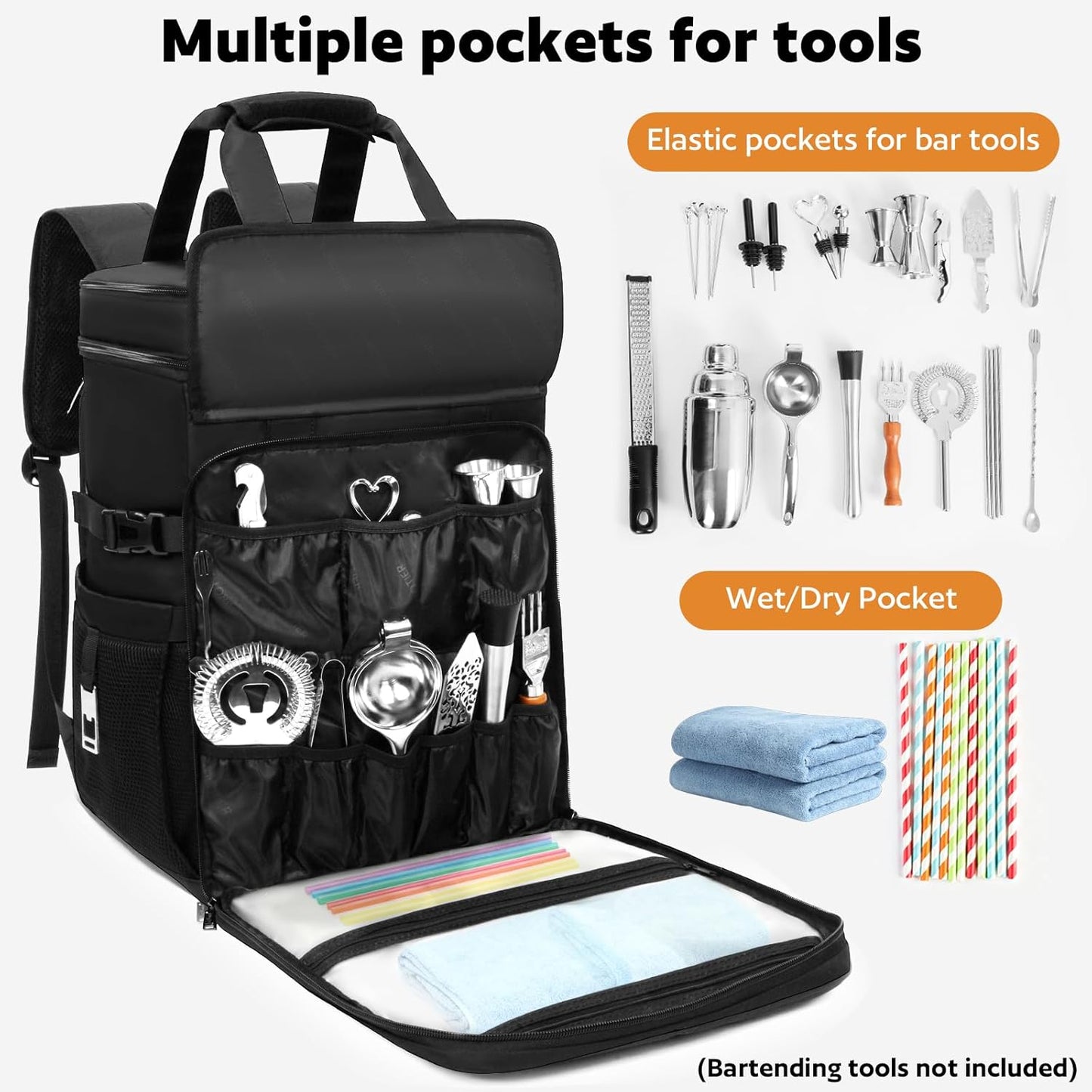 Bartender Bag, Leakproof Travel Bartender Kit Backpack for Carrying Bar Kit, Portable Bar Bag for Cocktail Shaker and 6 Wine Bottle, Professional Mixology Gift for Travel Home Party (Backpack Only)