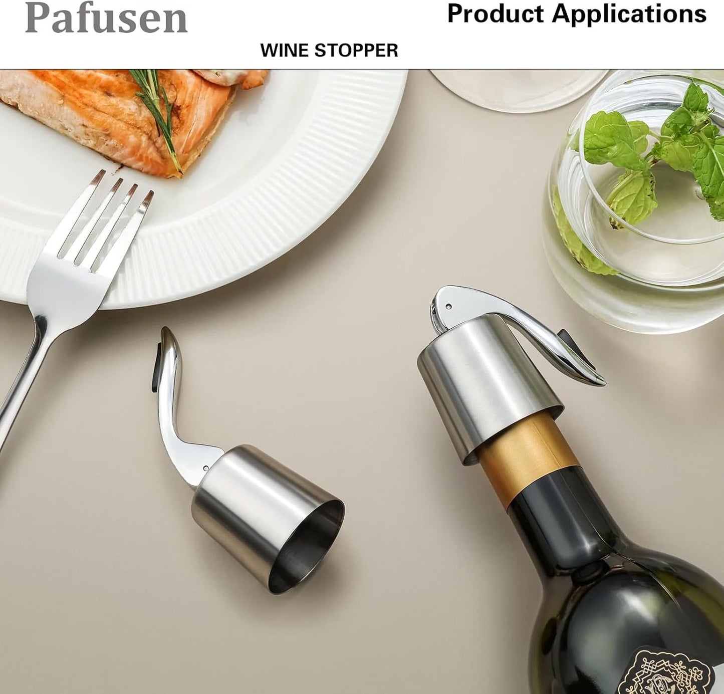 Pafusen Wine Stoppers Set of 2, Stainless Steel Wine Bottle Stopper with Silicone Seal, Reusable Wine Freshness Keep, Wine Saver Wine Bottle Sealer Stopper, Wine Accessories Gift (Polished)
