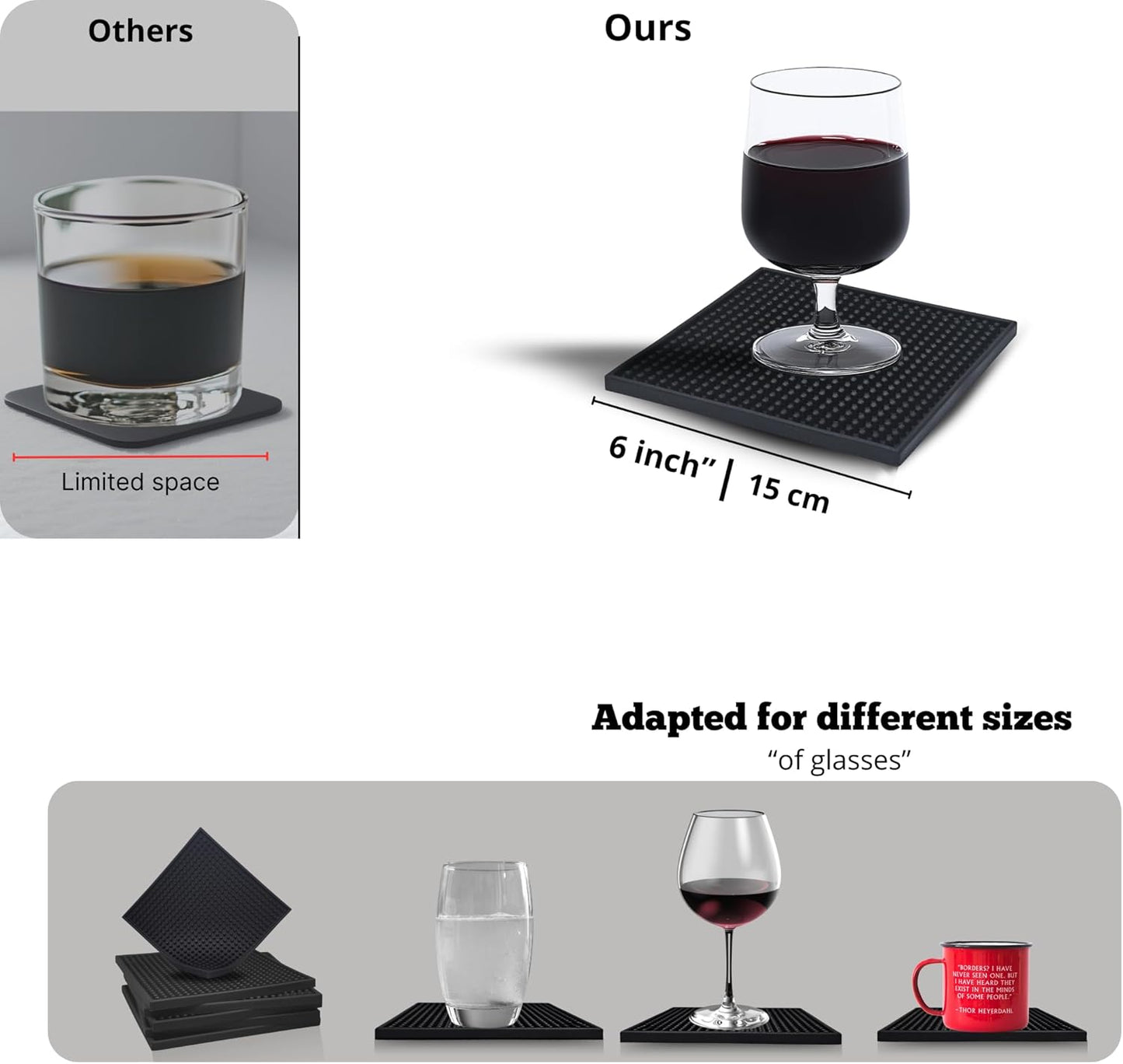 Silicone Coasters Set - 6 Pack - 6 Inch Square Drink Coasters for Coffee Table & Desk - Absorbent & Anti-Slip - Outdoor & Indoor Use