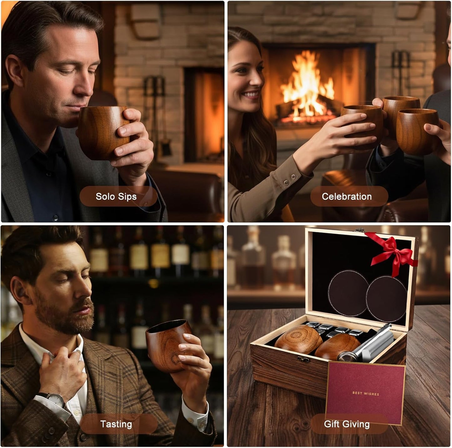 Charred Wooden Bourbon Drinking Glass Wooden Whiskey Glasses Set of 2 17-Piece Complete Whiskey Gift Set Old Fashioned Glass Bourbon Gifts for Men (Silver Accents)