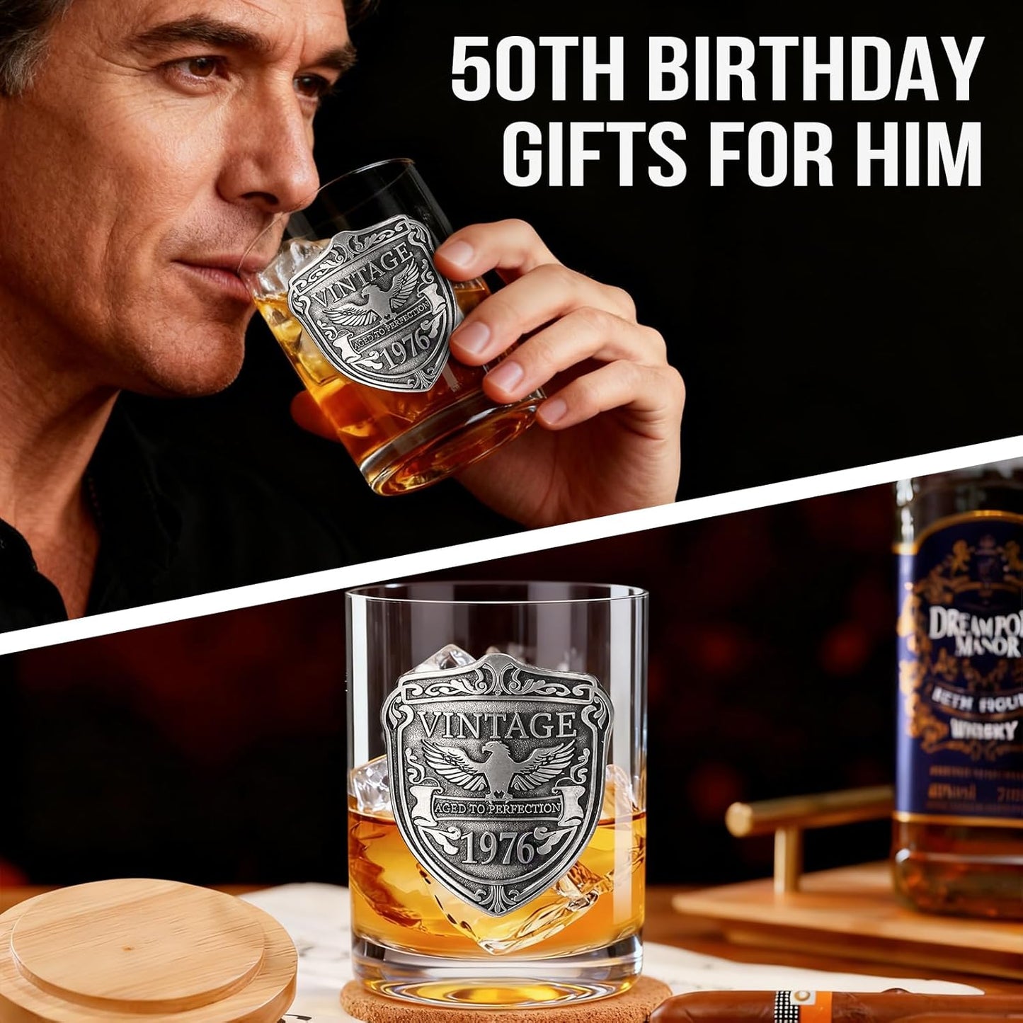 JOVGANK 50th Birthday Gifts for Men, Vintage 1976 Whiskey Glass Set for Whiskey Lovers, Anniversary Old Fashioned Rocks Glass Tumbler 13Oz- Bday Gifts Ideas for Him, Dad, Husband, Father's Day Gift