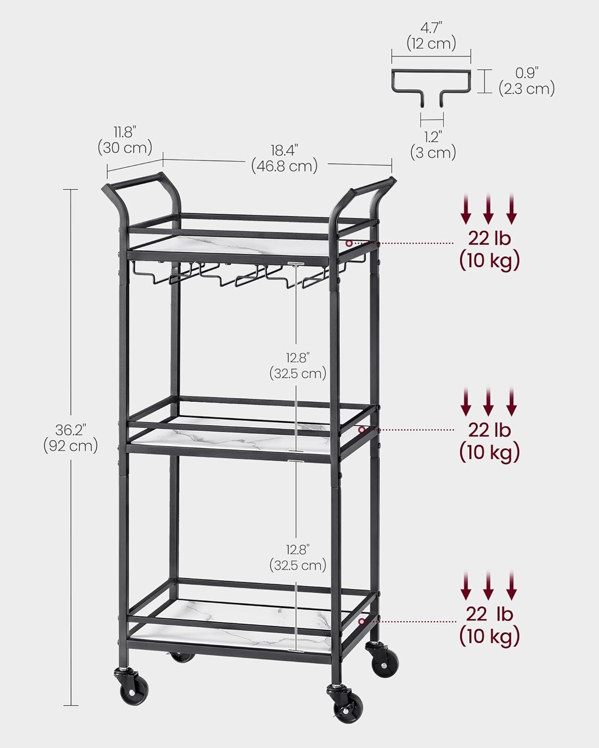 VASAGLE Bar Cart, Home Bar Serving Cart, Small Bar Cart With 3-Tier Shelf, Wine Holders, Glass Holders, Mini Bar Cart for Small Spaces, Kitchen, Dining room, Living Room, Ink Black