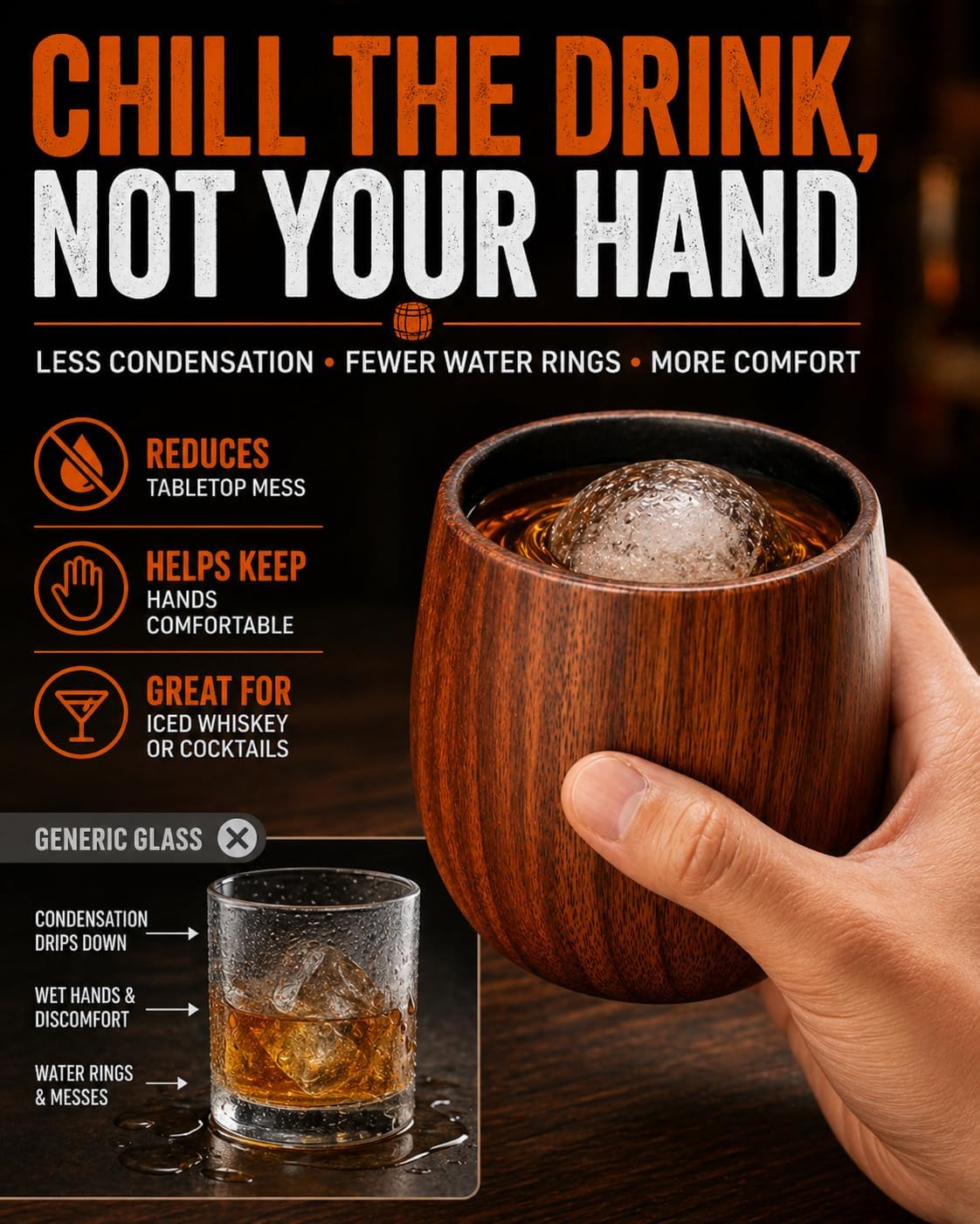 Charred Wooden Bourbon Drinking Glass Set,USA Design 11oz Handcrafted Premium Acacia Whiskey Tumbler, 2 Stones & 1 Ice Ball Molds,Charred Old Fashioned Glass,Unique Bourbon Gifts for (1 Pack Charred)