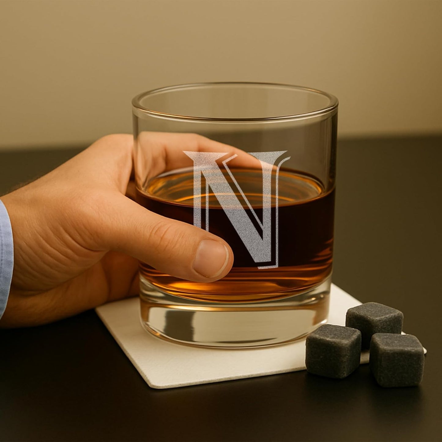 Monogrammed Gifts for Men - 4PC 11 Oz Custom Whiskey Glasses (N-Monogram) - Engraved Whiskey Glasses - Personalized Whiskey Glasses - Unique Bourbon Glasses - Personalized Glass Gifts for Dad