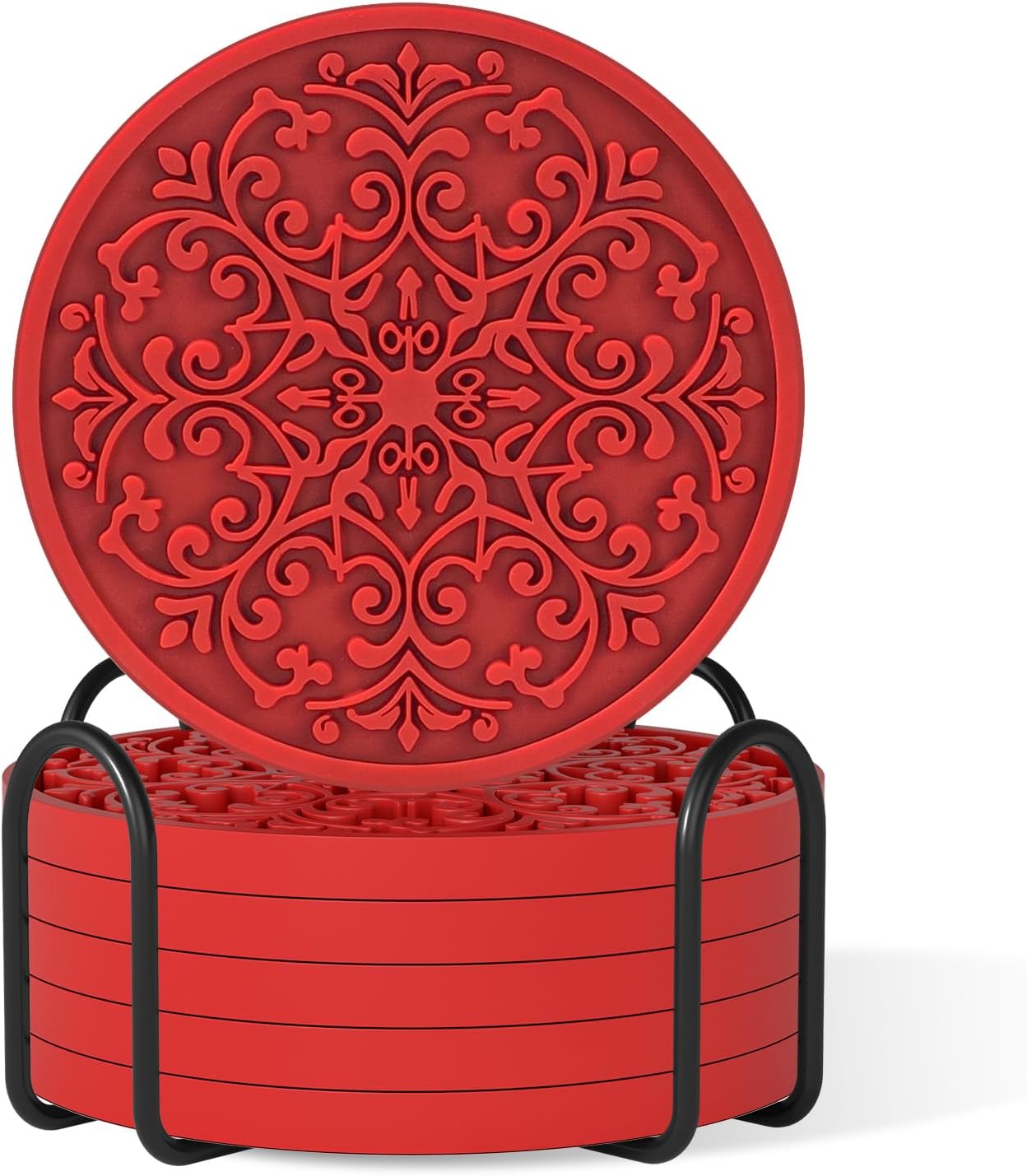 Drink Coasters, Coasters Set of 6 for Cup with Holder, Non-Slip Silicone Cup Mats for Hot and Cold Drinks, Cute Absorbent Coffee Bar Accessories Table Decor, Red