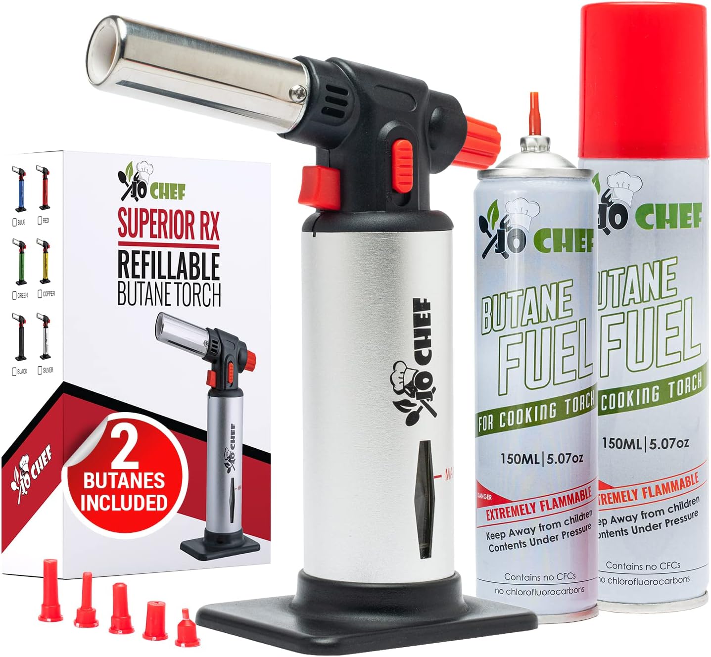 Jo Chef Kitchen Torch with Butane Included – Refillable Lighter with Safety Lock & Adjustable Flame, Blow Culinary Torch for Cooking, BBQ, Creme Brulee, DIY and Soldering - 2 Cans (5.07oz) Included