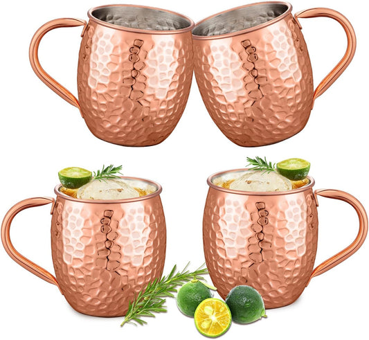 Moscow Mule Mugs Copper Cups Set of 4 Copper Mugs with 304 Stainless Steel Lining,Perfect For Wine, Beer, Cold Drink, Bar, Party, Gifts