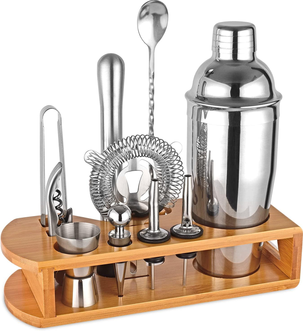 Wukuna Cocktail Shaker Set Bartender Kit, 12-Pcs Bar Tool with Bamboo Stand - Silver
