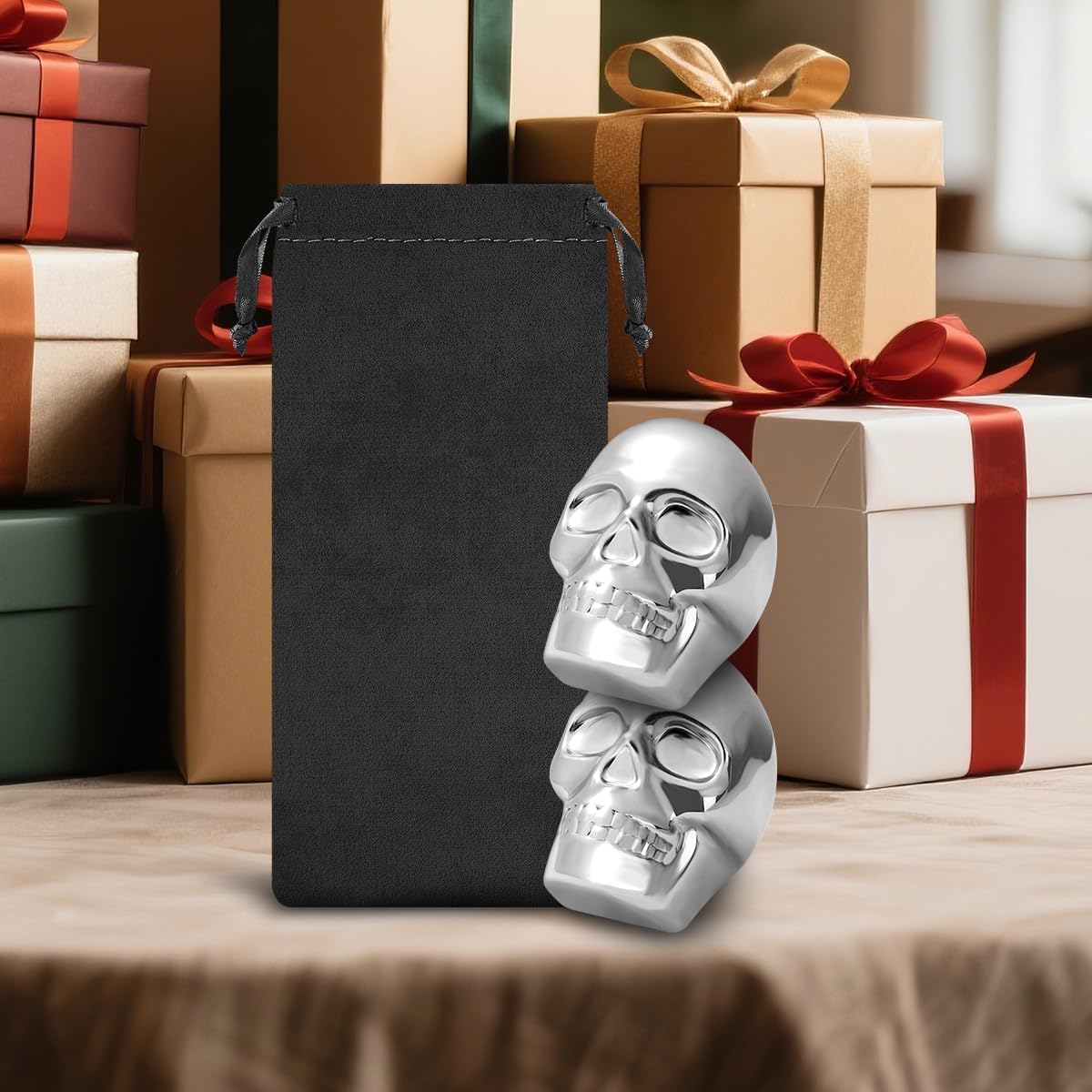 Skull Head Stainless Steel Ice Cubes Mold, Whisky Stones Stainless Steel, Set of 2 with Gift Bag, Skull Head Cooling Stones, Whiskey Stones Reusable, Bar Accessories, for Whisky, Gin, Rum, Tequila