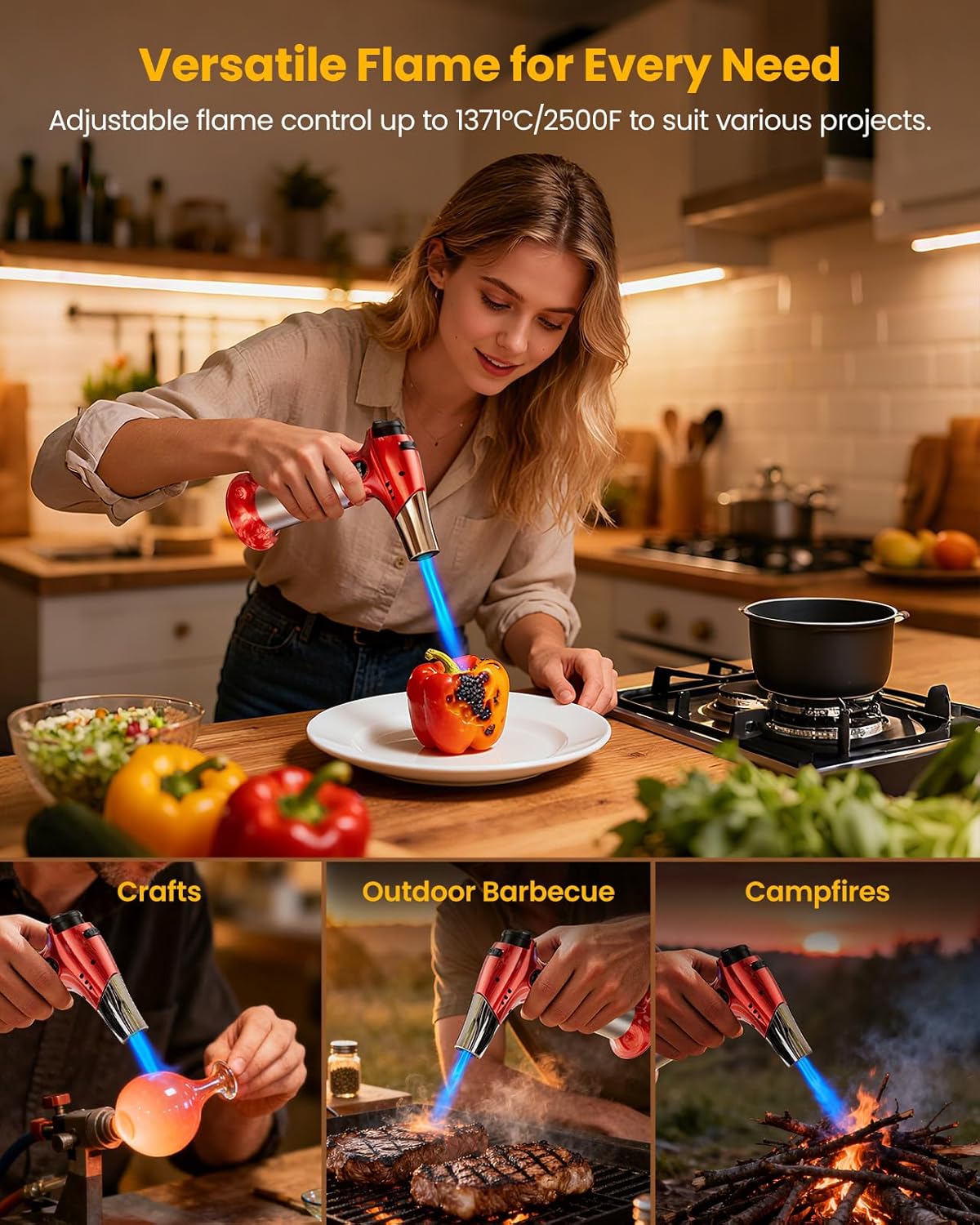 Kollea Creme Brulee Torch, Refillable Butane Torch Lighter, Kitchen Torch Food Torch with Safety Lock & Adjustable Flame for Baking, Crafts, BBQ (Gas Not Included)