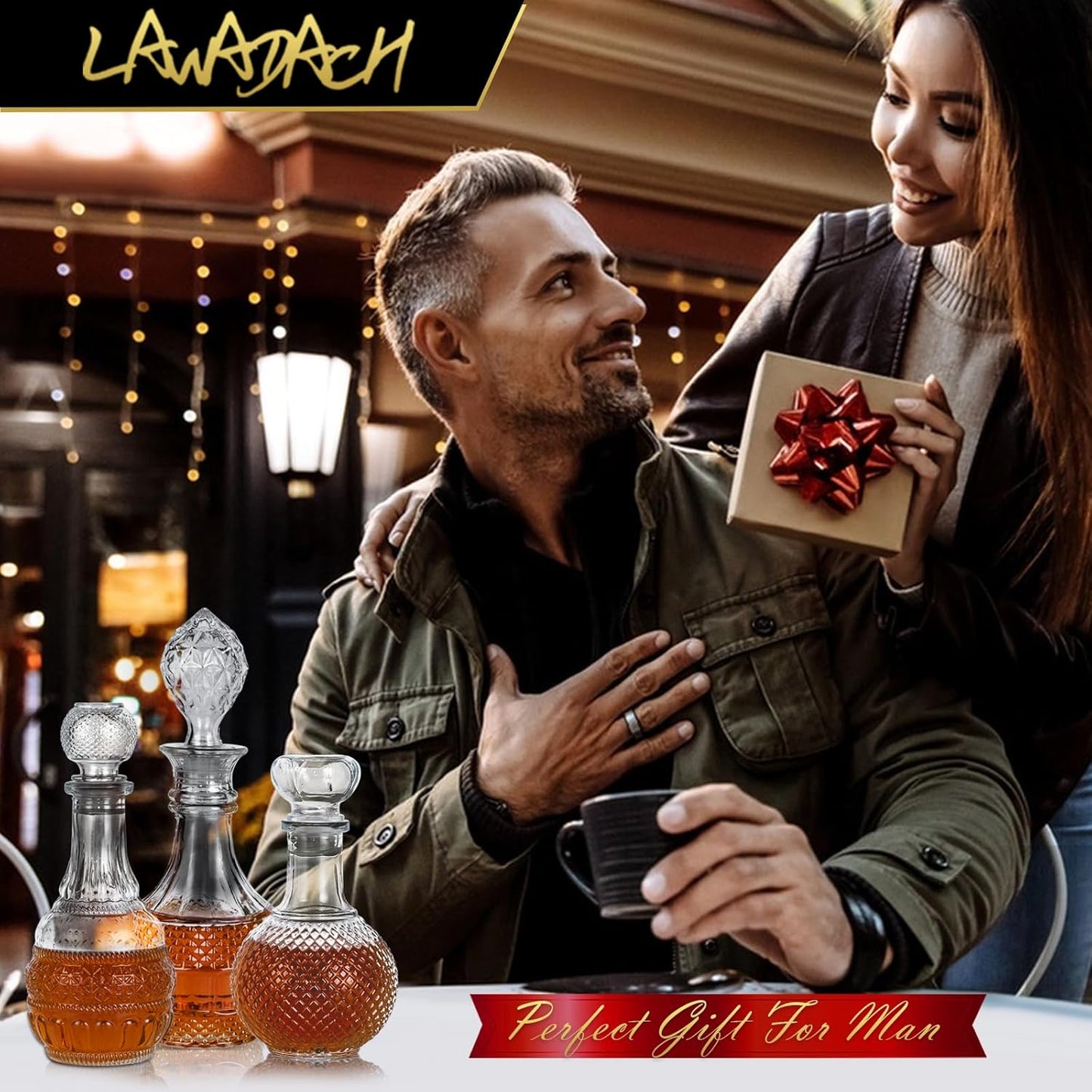 LAWADACH Liquor Decanters Whiskey Decanter Set - Creative Glass Decanter for Liquor,Decanter for Tequila,Bourbon and Vodka Unique Whiskey Presents for Man,Dad and Home Bar Decor(17.6oz*2, 17oz*1)