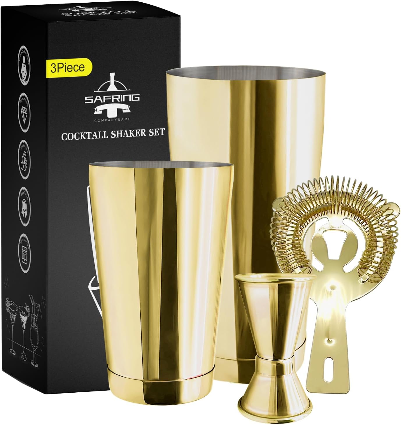 Safring Boston Cocktail Shaker Bar Set, Weighted Boston Shaker Tins, Bartender Kit with 18oz & 28oz Mixed Drink Shaker, Hawthorne Strainer, Double Measuring Jigger - Gold