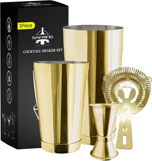 Safring Boston Cocktail Shaker Bar Set, Weighted Boston Shaker Tins, Bartender Kit with 18oz & 28oz Mixed Drink Shaker, Hawthorne Strainer, Double Measuring Jigger - Gold