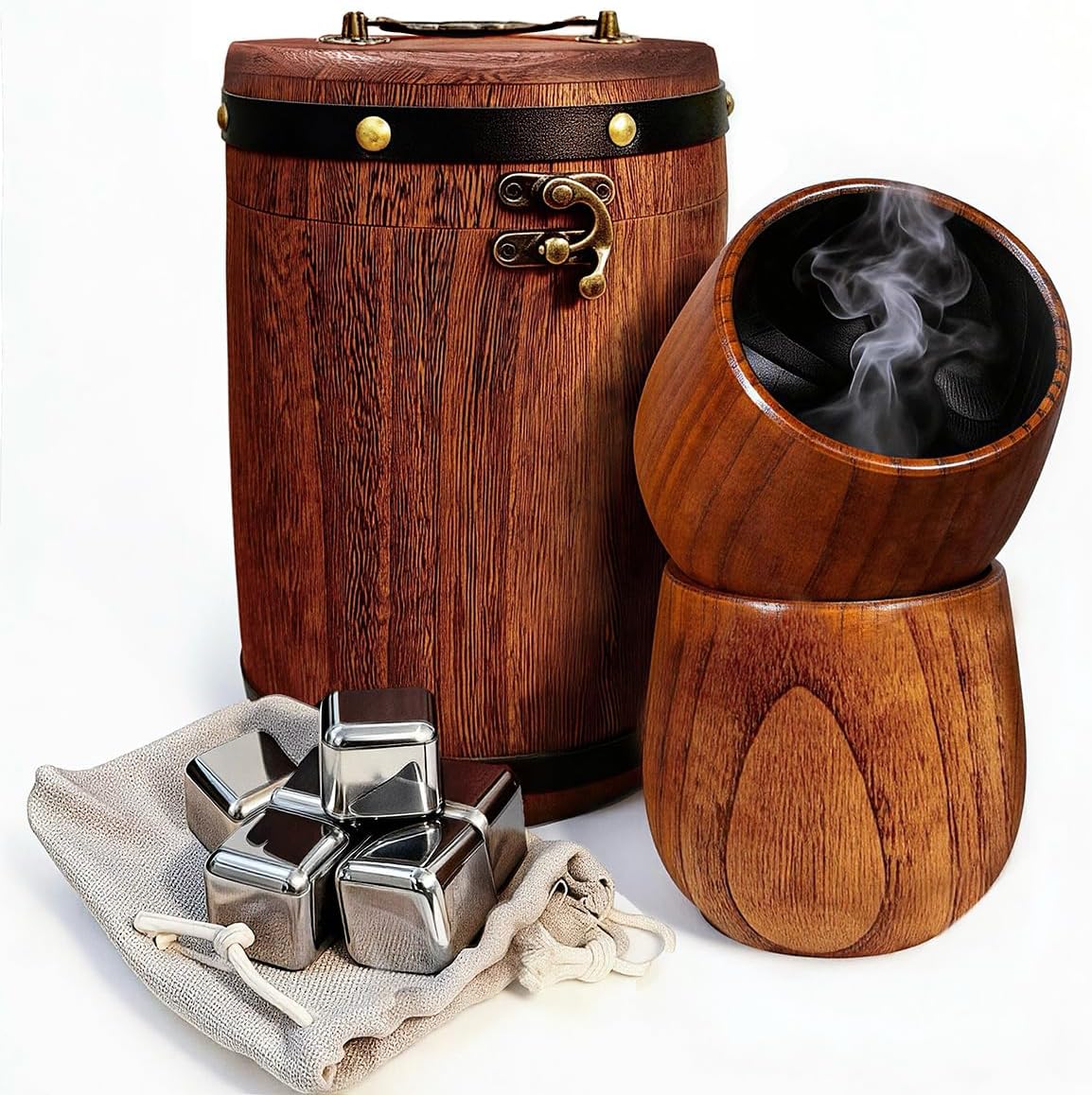 Charred Wooden Bourbon Drinking Glass - Handcrafted Wooden Whiskey Glass Set in Rustic Barrel Box with Stainless Steel Stones, Bourbon Gifts for Men Dad Husband, Gifts for Father's Day
