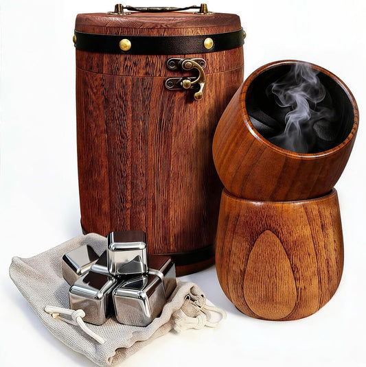 Charred Wooden Bourbon Drinking Glass - Handcrafted Wooden Whiskey Glass Set in Rustic Barrel Box with Stainless Steel Stones, Bourbon Gifts for Men Dad Husband, Gifts for Father's Day