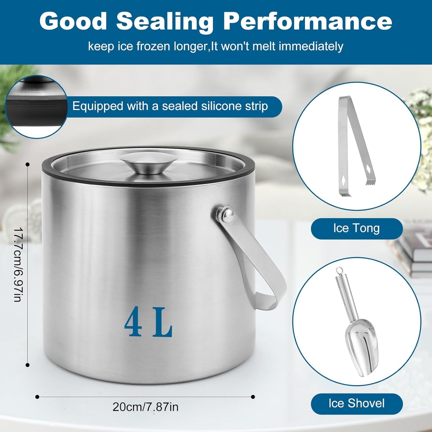 Ice Bucket, 4L Double Wall Insulated Ice Bucket with Lid,Scoop,Tongs- Inner Layer 304 Stainless Steel Ice Container Keep Ice Frozen Longer- Ideal for Cocktail Bar,Parties (4L)