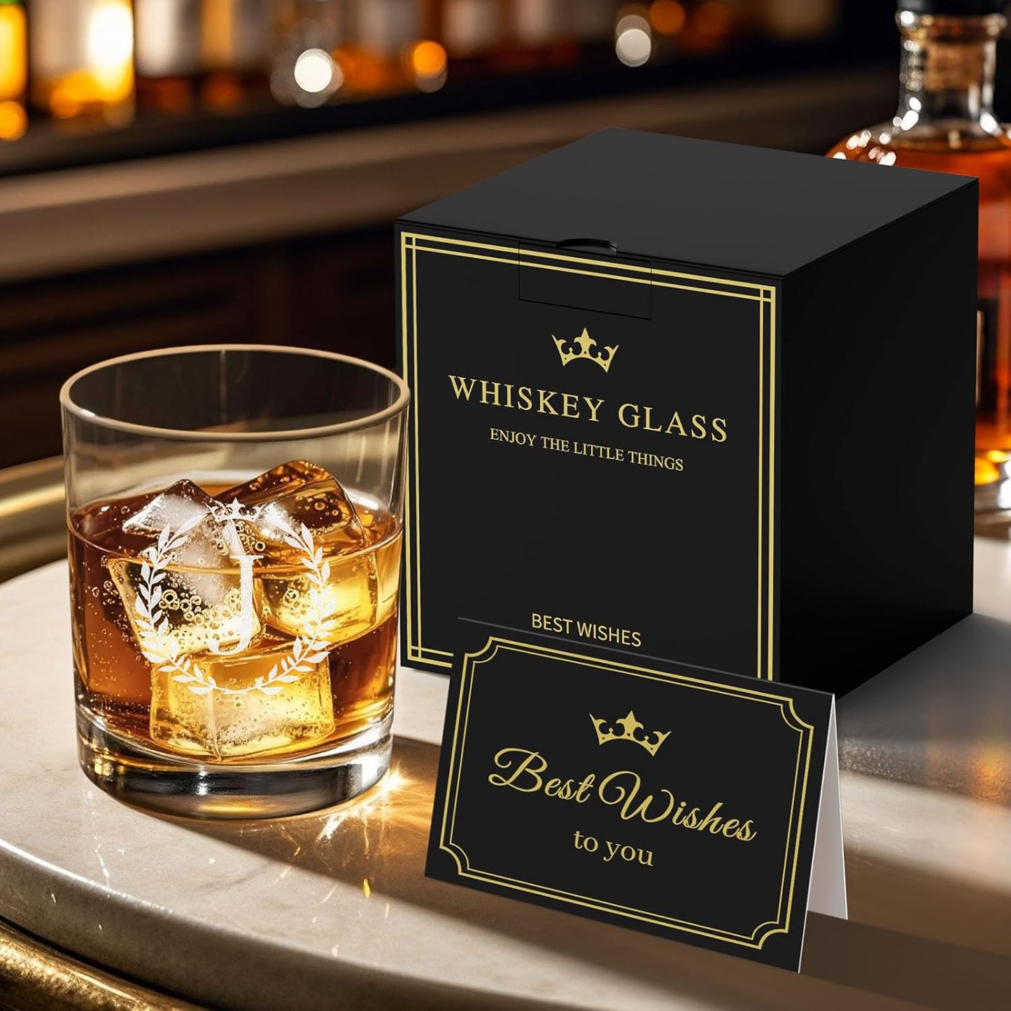 Astonlink Personalized Whiskey Glasses Gifts for Men, Monogrammed Engraved A-Z 10.6 oz Rocks Glass Customized Gift, Unique Christmas Birthday Gifts for Men Him Dad Husband Brother Son (J)
