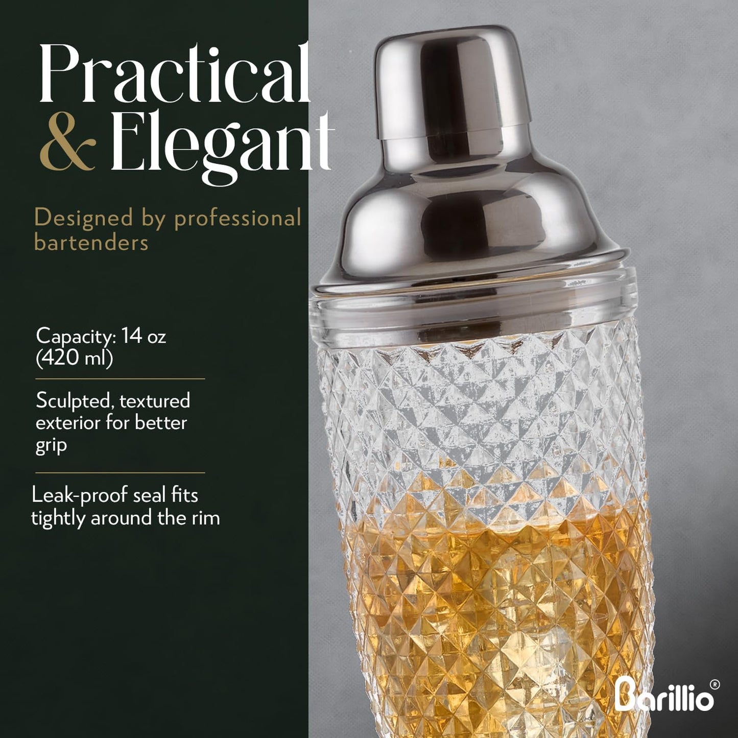Barillio 14 oz Glass Cocktail Shaker | Cobbler Mixer with Built-In Strainer, Leak-Proof Clear Martini Shaker for Single-Serve Drinks