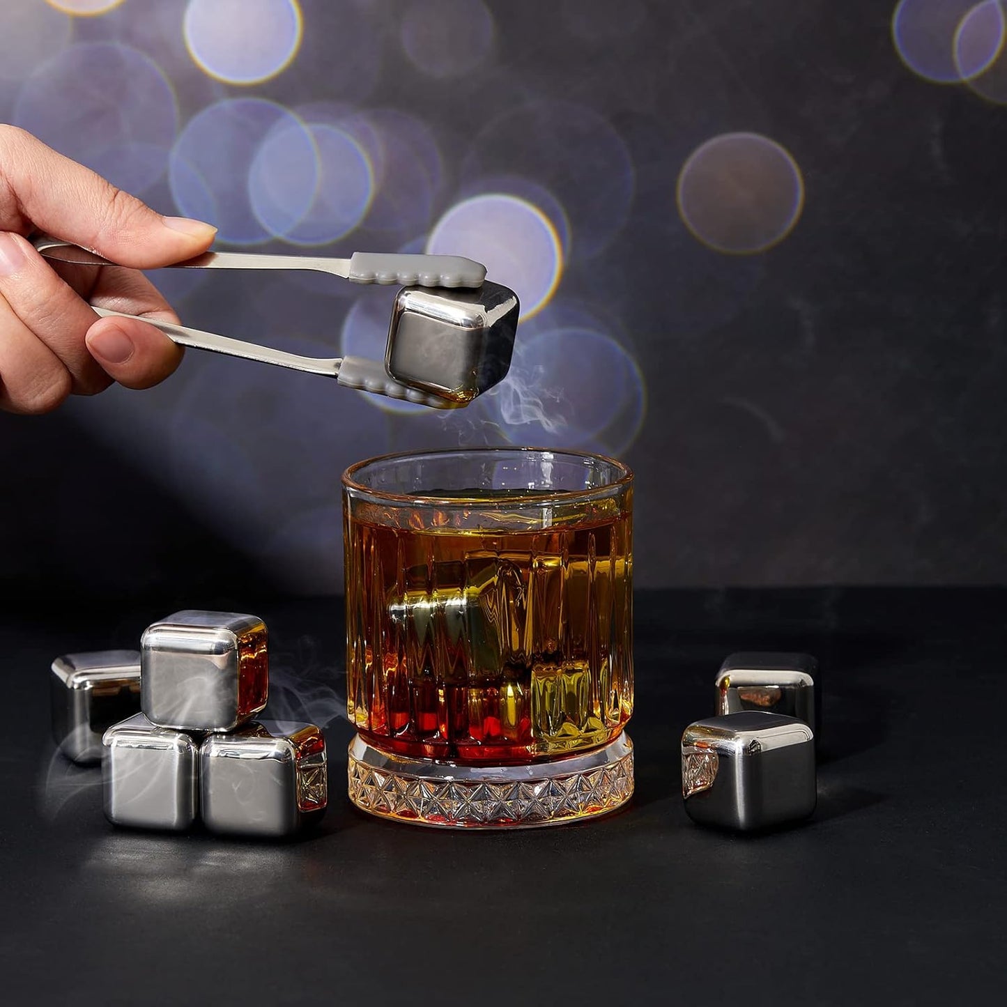 Yexiya 36 Pcs Reusable Stainless Steel Ice Cubes with Tongs Whiskey Cubes Vodka Metal Rocks Tool Ice Stones Rocks for Summer Drinks Chilling Whiskey Iced Coffee Vodka Liqueurs Wine Not Solid