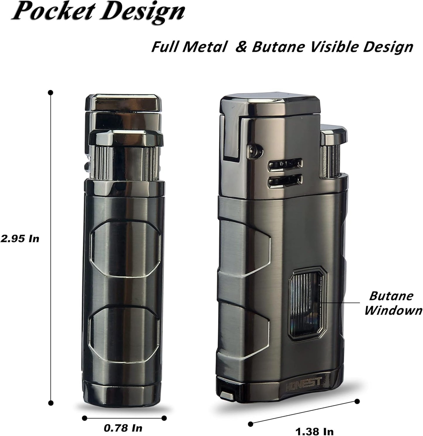 Metal Lighter Triple Jet Flame Refillable Butane Cigar Lighter Windproof Lighters with Cigar Punch Rest Holder - Butane Not Included (Gunmetal)