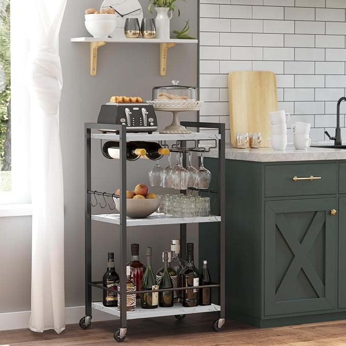 TUTOTAK Bar Cart with Wheels, Mini Drink Cart with Wine Rack & Glass Holder - B0DFB8YJPM