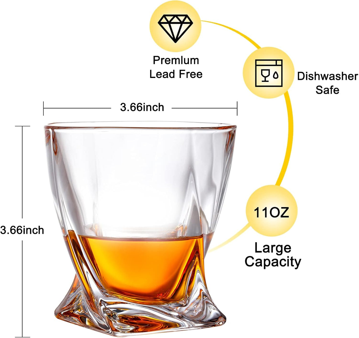 Whiskey Rocks Glass, Set of 4 (2 Crystal Bourbon Glasses, 2 Round Big Ice Ball Molds) In Gift Box - 11 Oz Old Fashioned Glasses for Scotch Cocktail Rum Cognac Vodka Liquor, Unique Gifts for Men