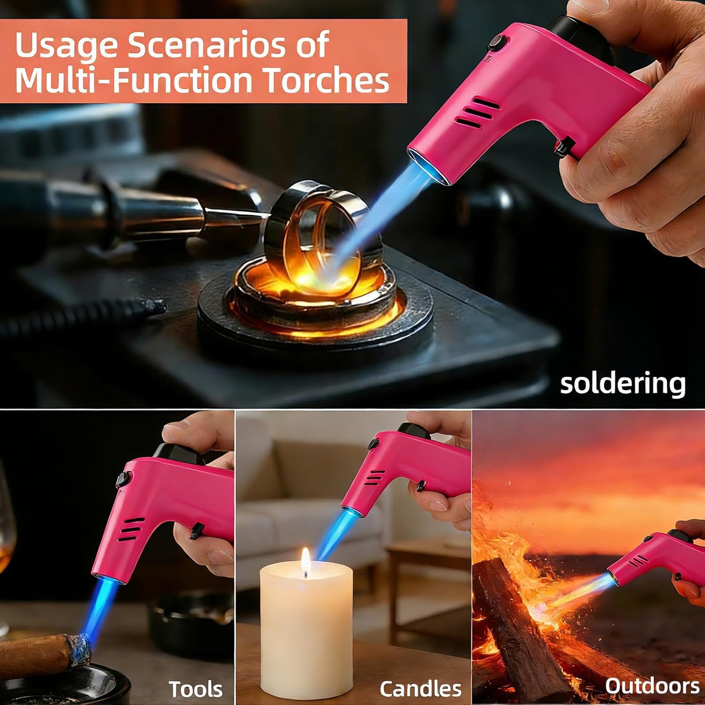 Butane Torch,Refillable Blow Torch for Cooking,Adjustable Flame Creme Brulee Torch,Safety Lock for Cooking,Butane Gas not Included (PINK)