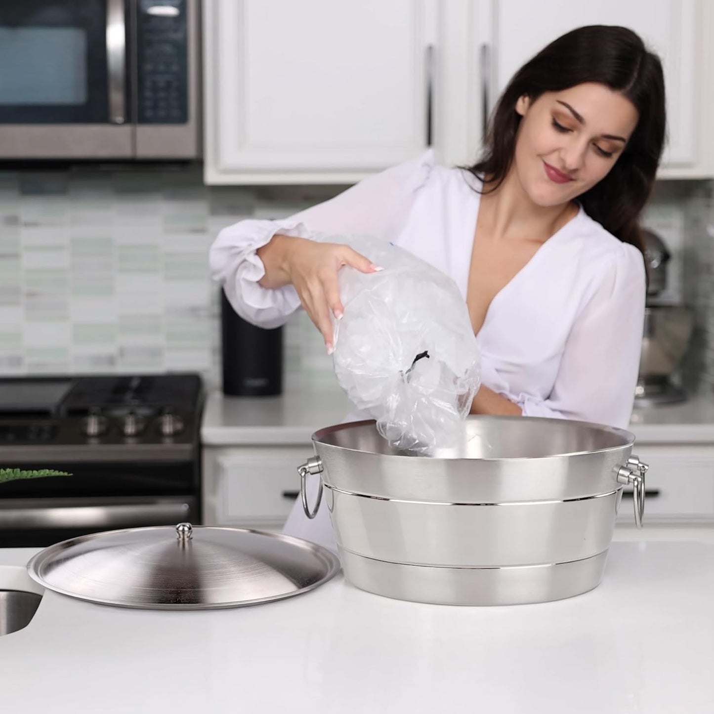 BREKX Insulated Stainless Steel Ice Bucket with Lid for Parties - Anchored Double-Walled Large Ice Bucket for Extended Chill - Champagne Bucket for Mimosa Bar Supplies