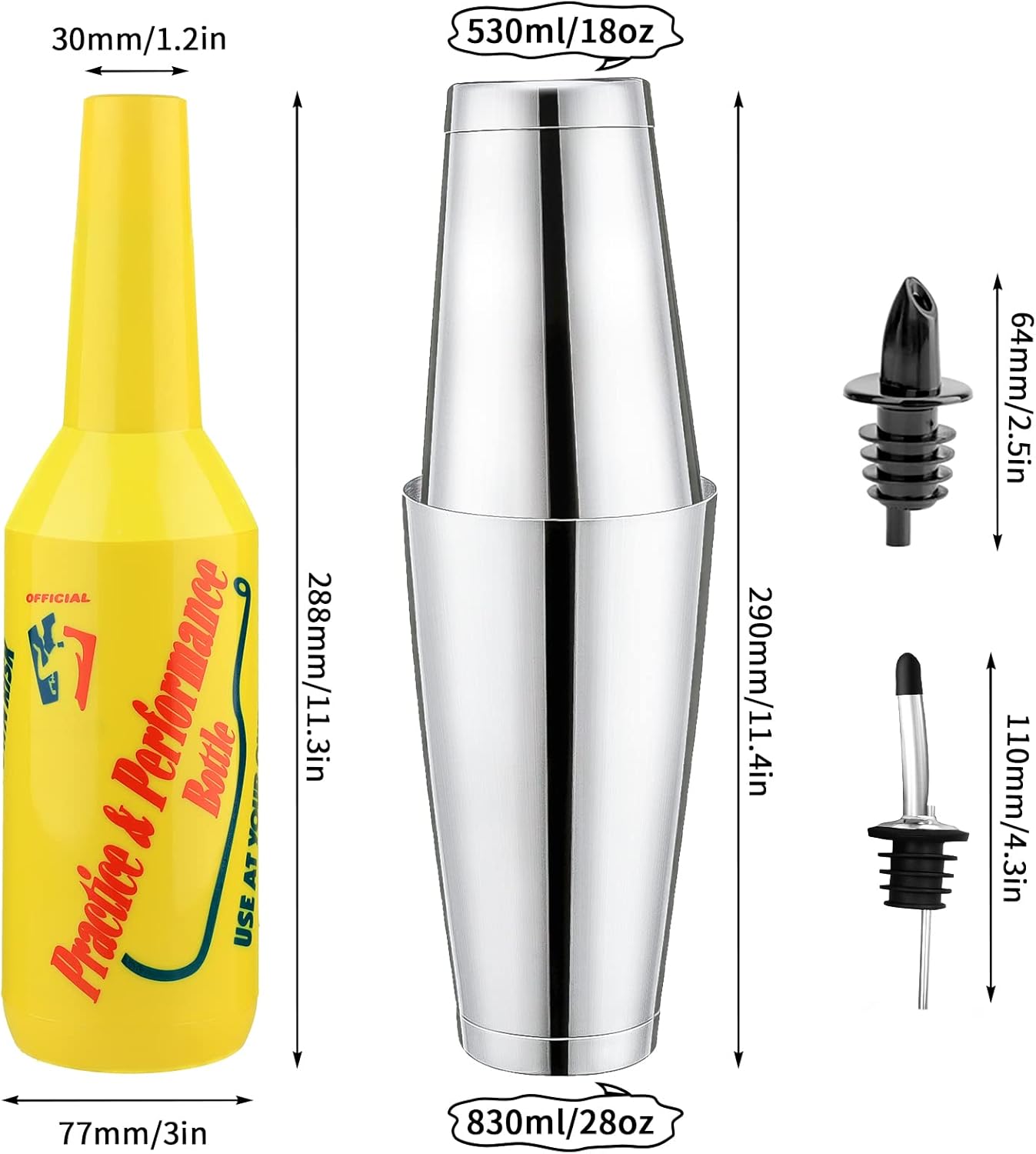 SuproBarware Flair Bottle - Yellow Flair Bartender Kit 7pcs, 2 Flair Bottle 25oz/750ml, 1 Boston Shaker, Flair Bartender Practice & Performance Bottle