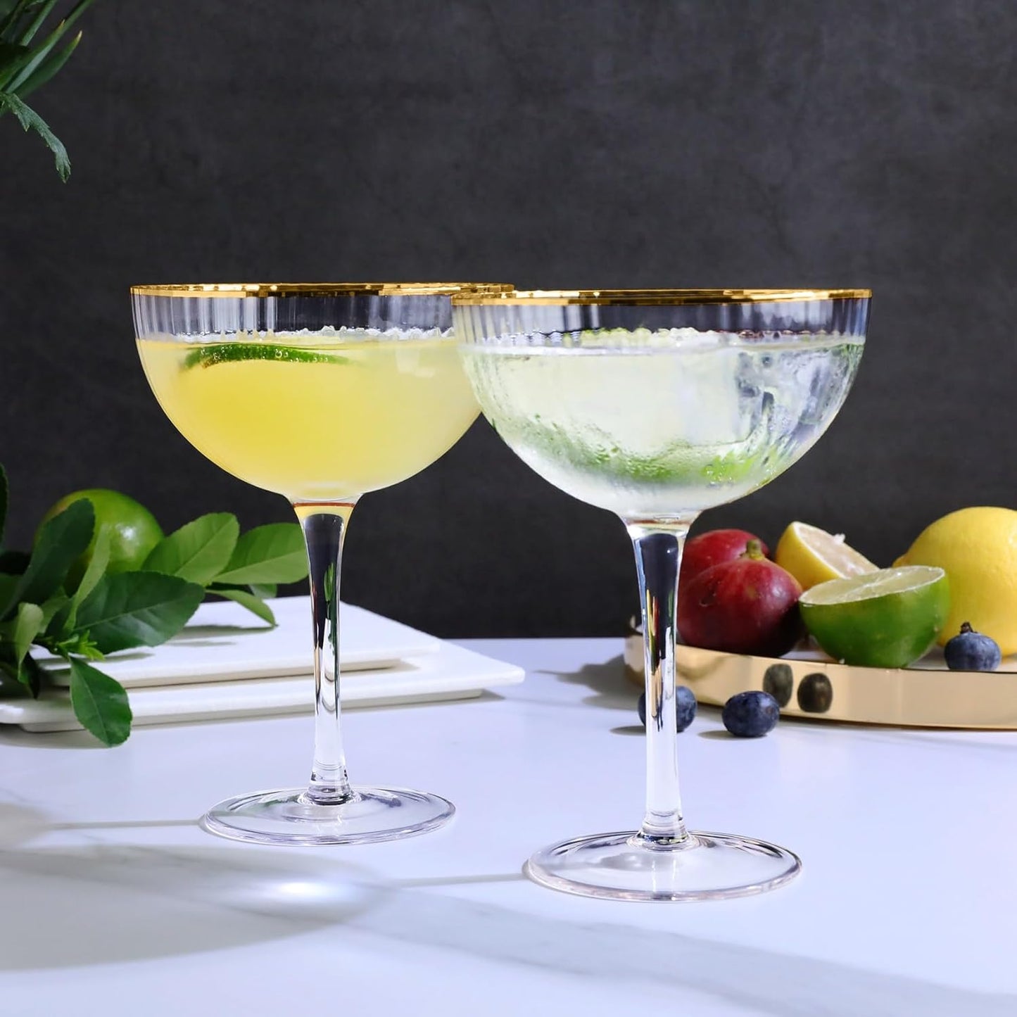 Royalrose Premium Cheerfull Fluted 10.7 oz Coupe Glasses Set of 4 – Vintage Gold Rim, Hand-Blown Fine Glass – Elegant Barware for Cocktails, Parties & Home Entertaining (4)