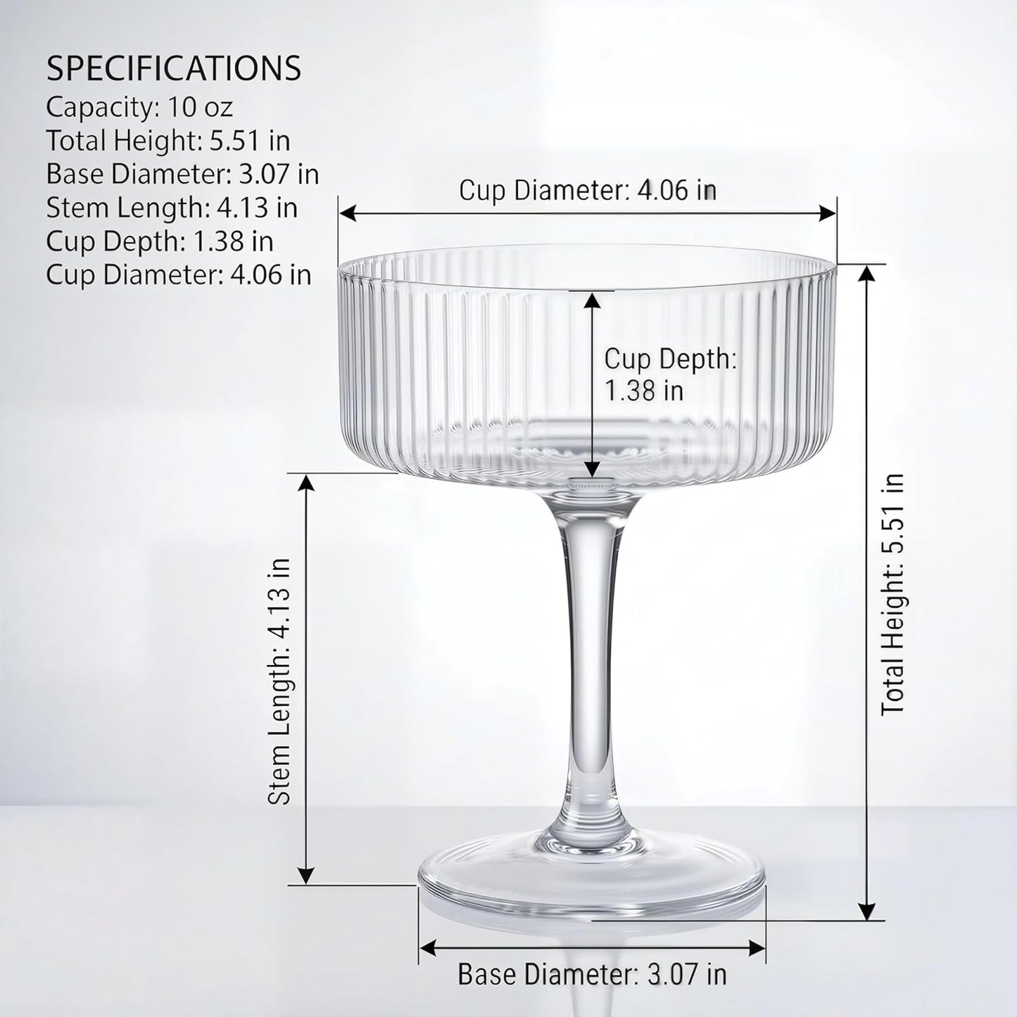 Ciaell Ribbed Coupe Glasses set of 4 - Vintage Cocktail Coupe Glasses - 10 oz Classic Martini Glass - Bar Drinking Glass Set Prefer for Cocktail, Espresso, Wine, Party & Gift