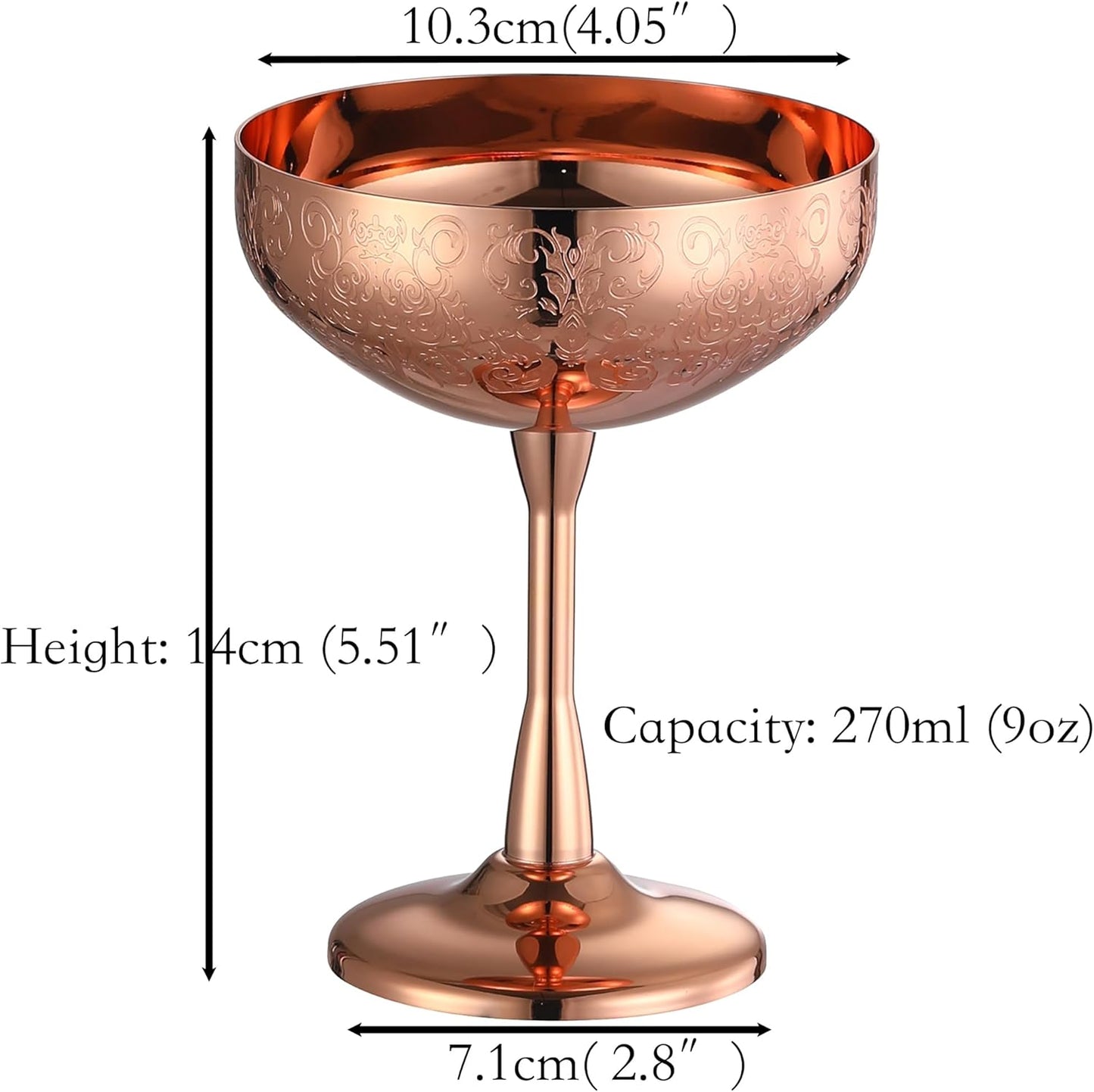 Stainless Steel Coupe Cocktail Glasses Set of 2, Unbreakable Cocktail Glasses for Margarita, Manhattan, Champagne Engraved Design (Copper Plated Set of 2)