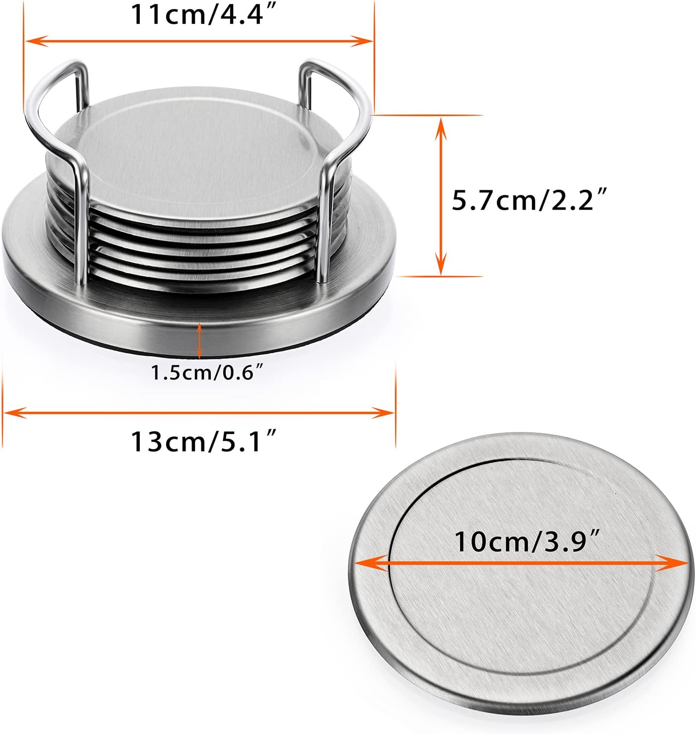 JUXYES Set of 6 Stainless Steel Round Coasters with Holder & Sponge Bottom, Silver Metal Cup Coasters Set Stunning Cool Coaster Cups Mats Decor for Restaurant Kitchen bar Dining Table