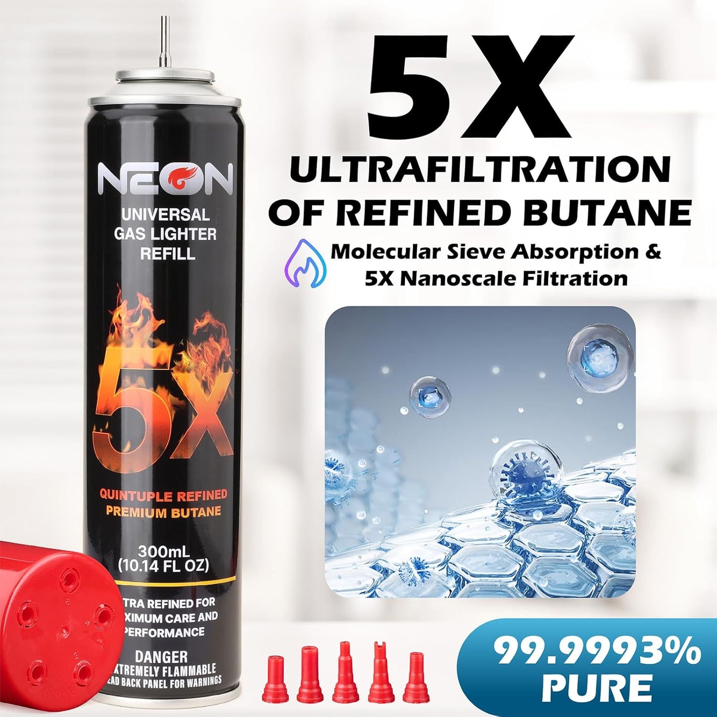 NEON Butane Fuel 300ml, 5X Premium Refined Butane Refill for Torch Lighter, 0 Impurities Lighter Fluid with Metal Nozzle & 5 Butane Gas Refill Adapters for Culinary, Welding, and DIY (2 Cans)