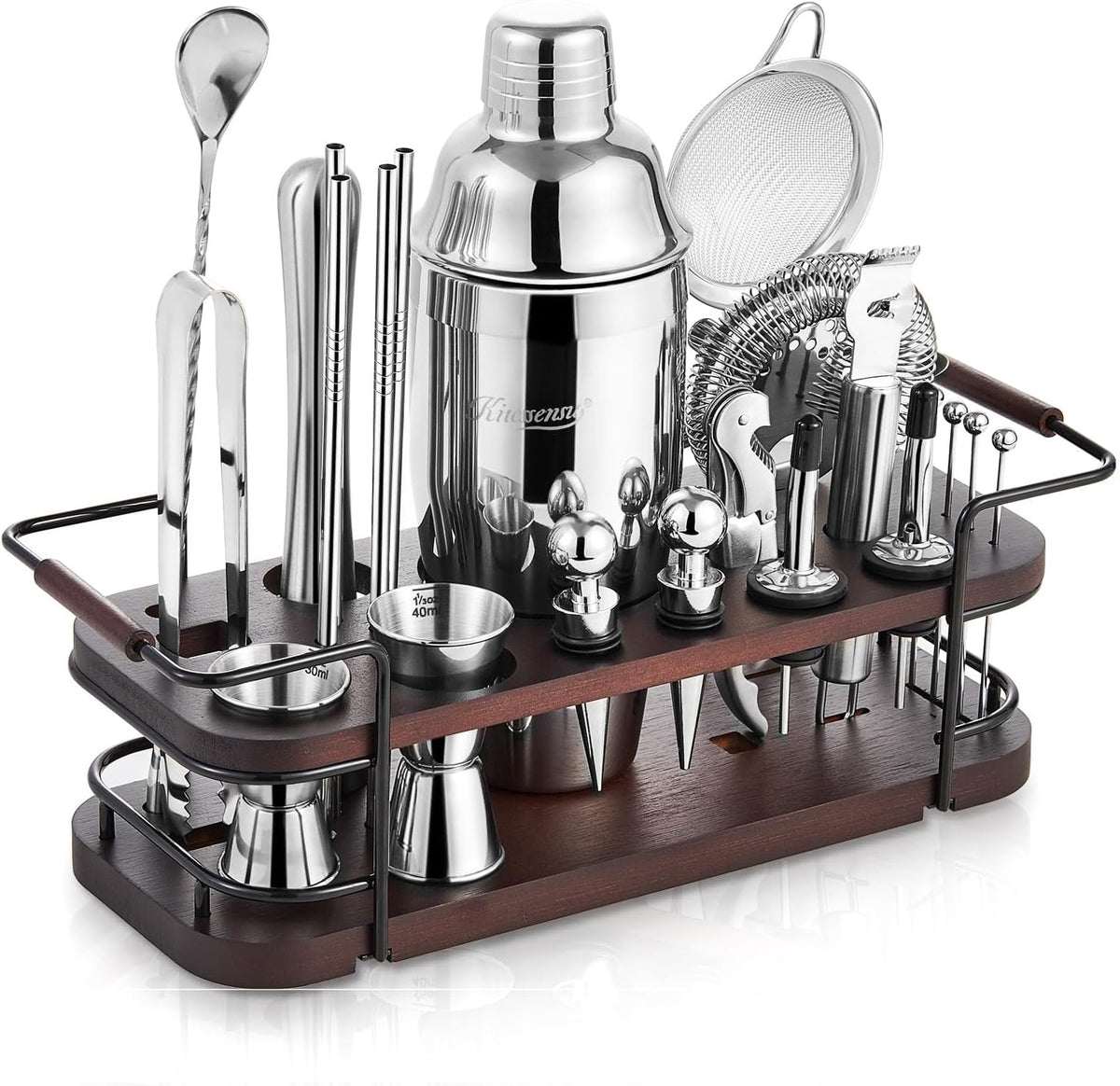 KITESSENSU Cocktail Shaker Set Bartender Kit with Stand | Complete 24-Piece Bar Set Cocktail Kit with All Bar Accessories: Martini Shaker, Jigger, Muddler | Drink Mixer Set for Home Bar Cocktails - Silver