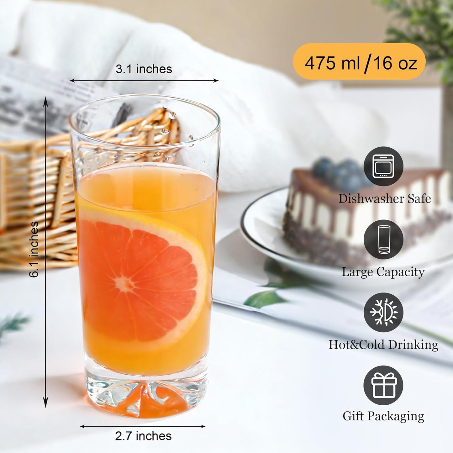 Drinking Glasses Set of 6, 16oz Glass Cups with Wide Mouth Design,Water Glasses for Bar Glassware, Premium Tall Glasses Drinking Set for Water, Beer, Juice and Cocktail, Unique Gifts for Christmas