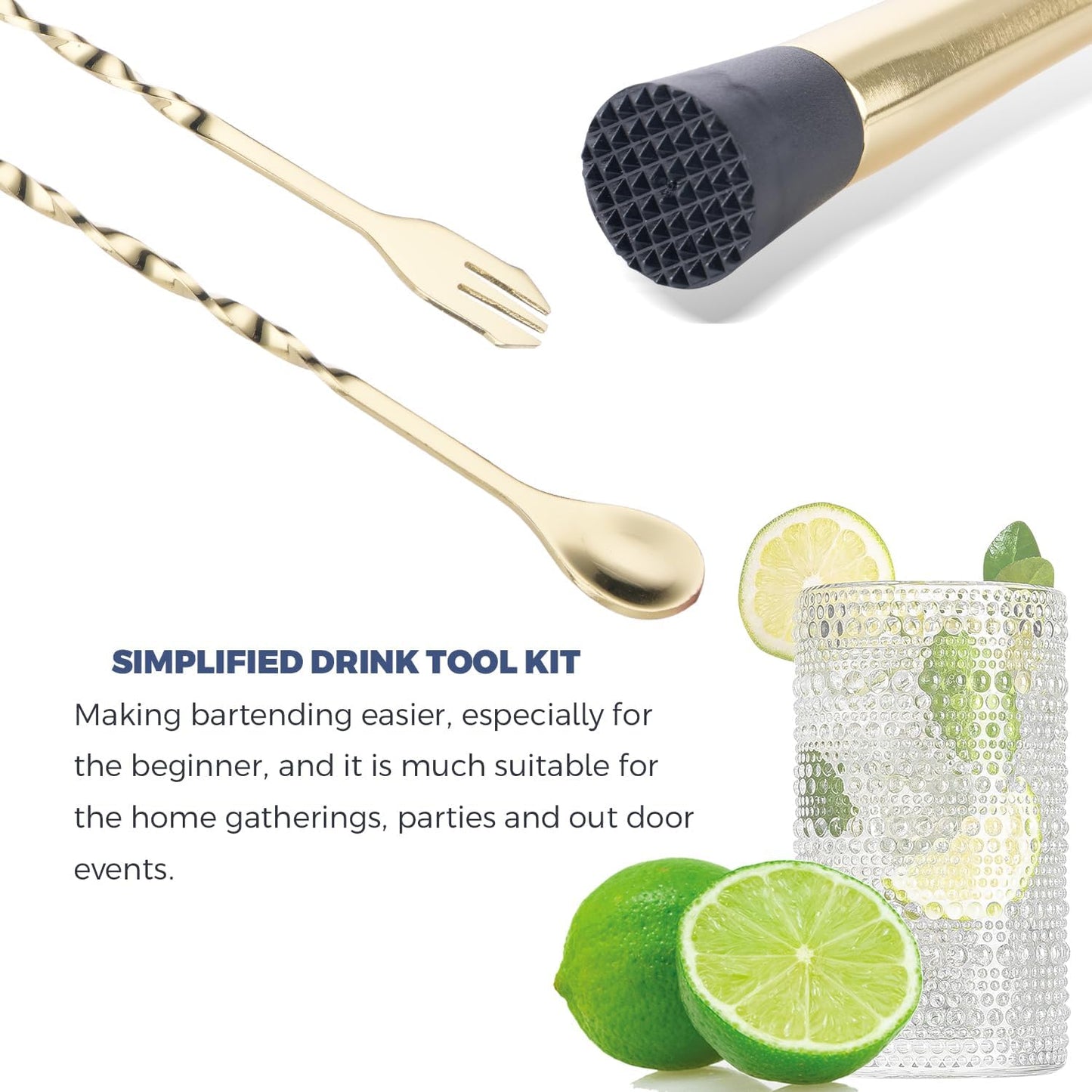Muddler for Cocktails, 10 Inches Bar Mixing Spoon, 8 Inches Muddler - Premium 2 Piece Gold Cocktail Muddler for Drinks