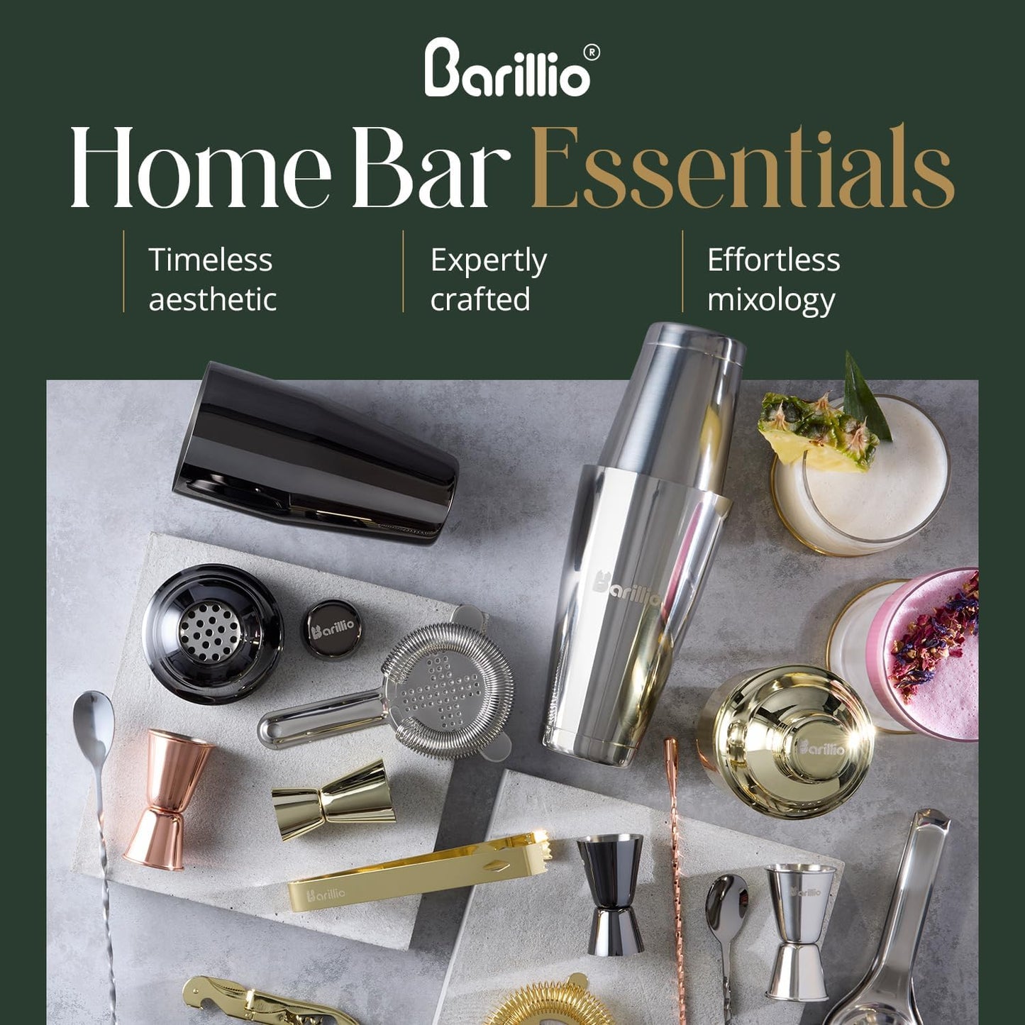 Barillio Gold Mixology Bartender Kit - 8 pcs Stainless Steel Travel Cocktail Shaker Set with Bag - Bar Tools Set with Martini Shaker, Drink Mixer Spoon & Mojito Muddler for Cocktails, Pourers & Jigger