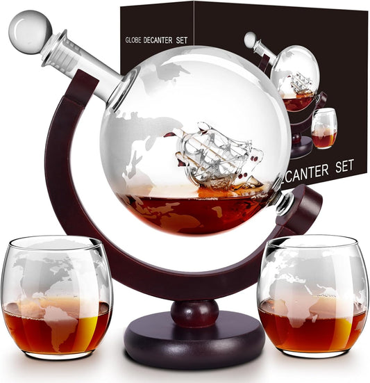 Whiskey Decanter Sets for Men, Whiskey Decanter Globe Set, Gifts for Men Dad Valentines Day with 2 Etched Globe Whisky Glasses for Liquor, Bourbon, Cocktails, Scotch liquor decanter Sets - 850ml