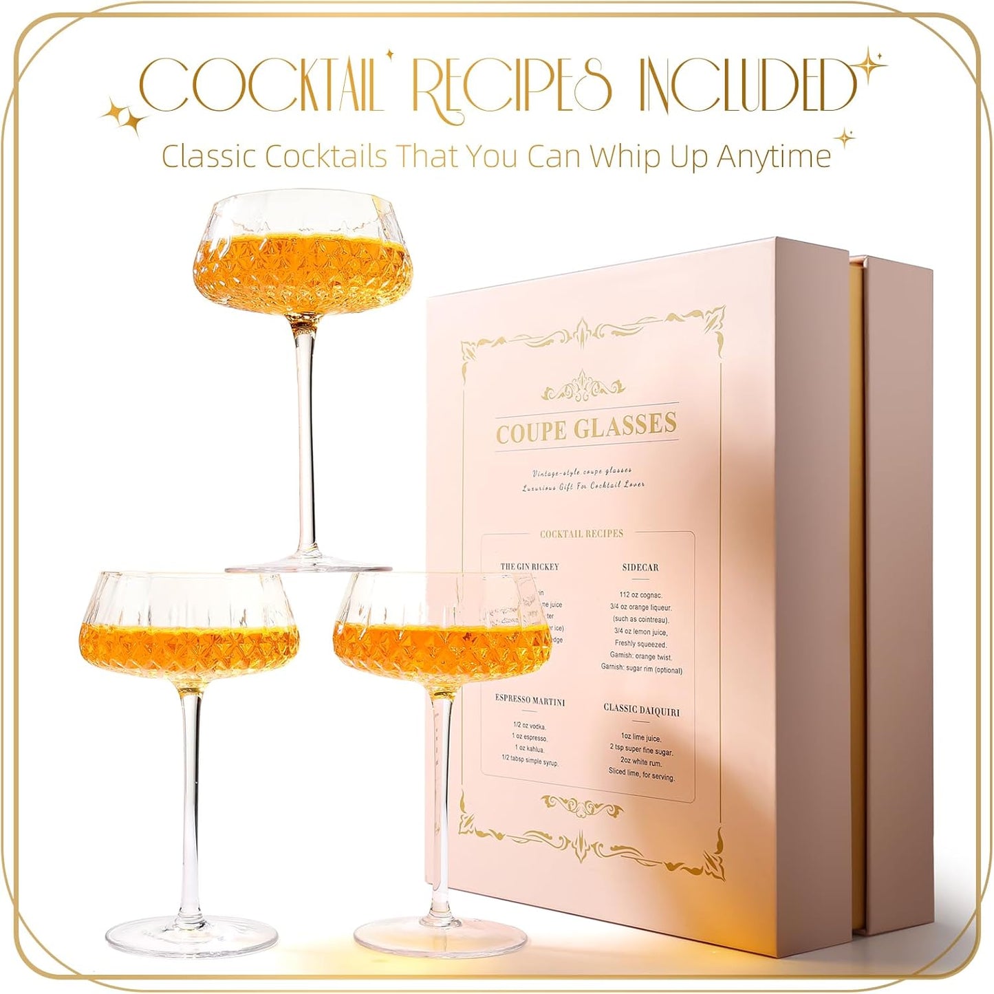 VIMERPA Coupe Glasses, Martini Glasses Set of 4, Vintage Champagne Coupe Glasses, 8oz Large Martini Glass, Crystal Retro Style Cocktail Glass for Elegant Bar Drinks, Vintage Art Deco Glassware