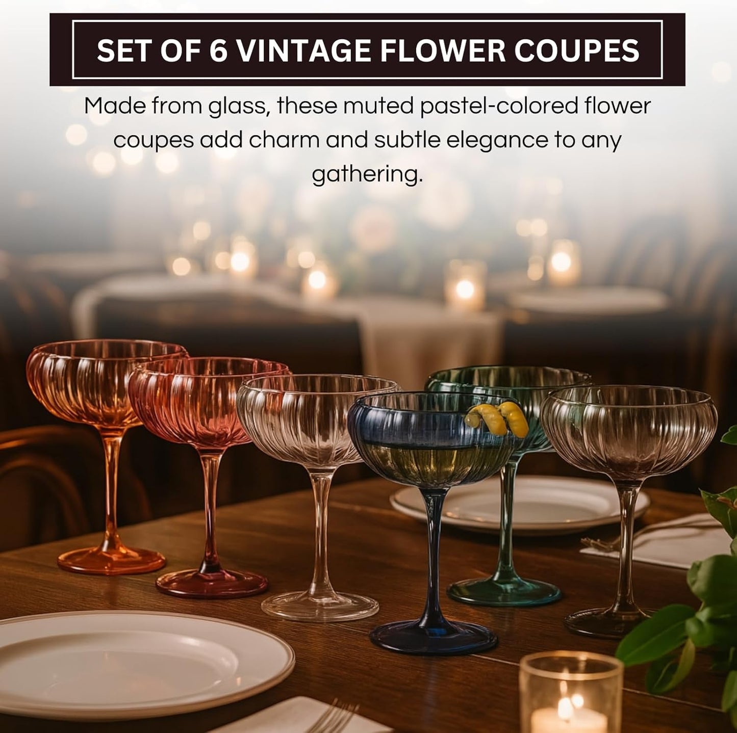 Khen Flower Modern Wavy Glass Coupes Martini, Champagne & Cocktail Coupes - Set of 6-7.7 oz Colorful Cocktail Glasses & Champagne, Prosecco, Mimosa Glassware Copyright Design - Muted Pastel Colors