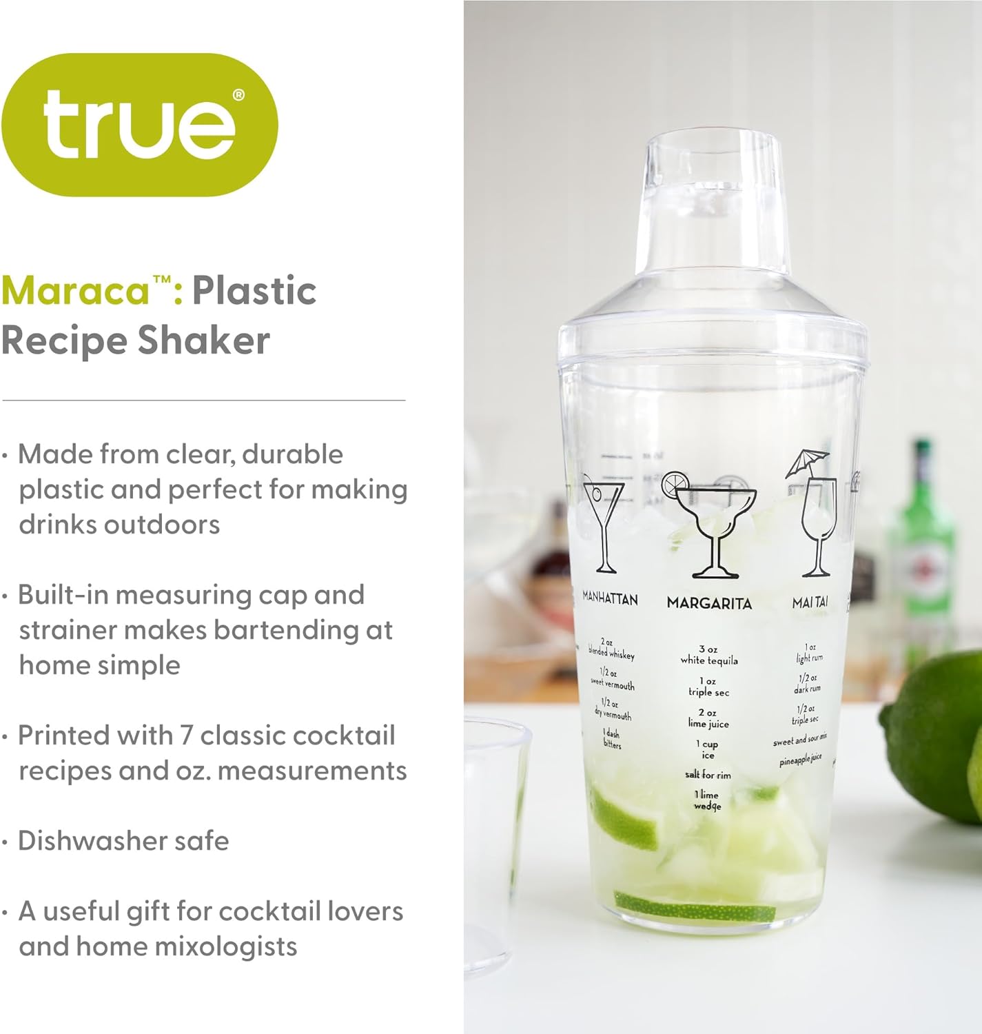 True Maraca Cocktail Shaker with Built In Strainer, Drink Mixer with 7 Classic Drink Recipes & Measurements, Perfect for Game Nights, BBQ, House Party, Picnic, Home Bar Accessories, 16 oz, Set of 1